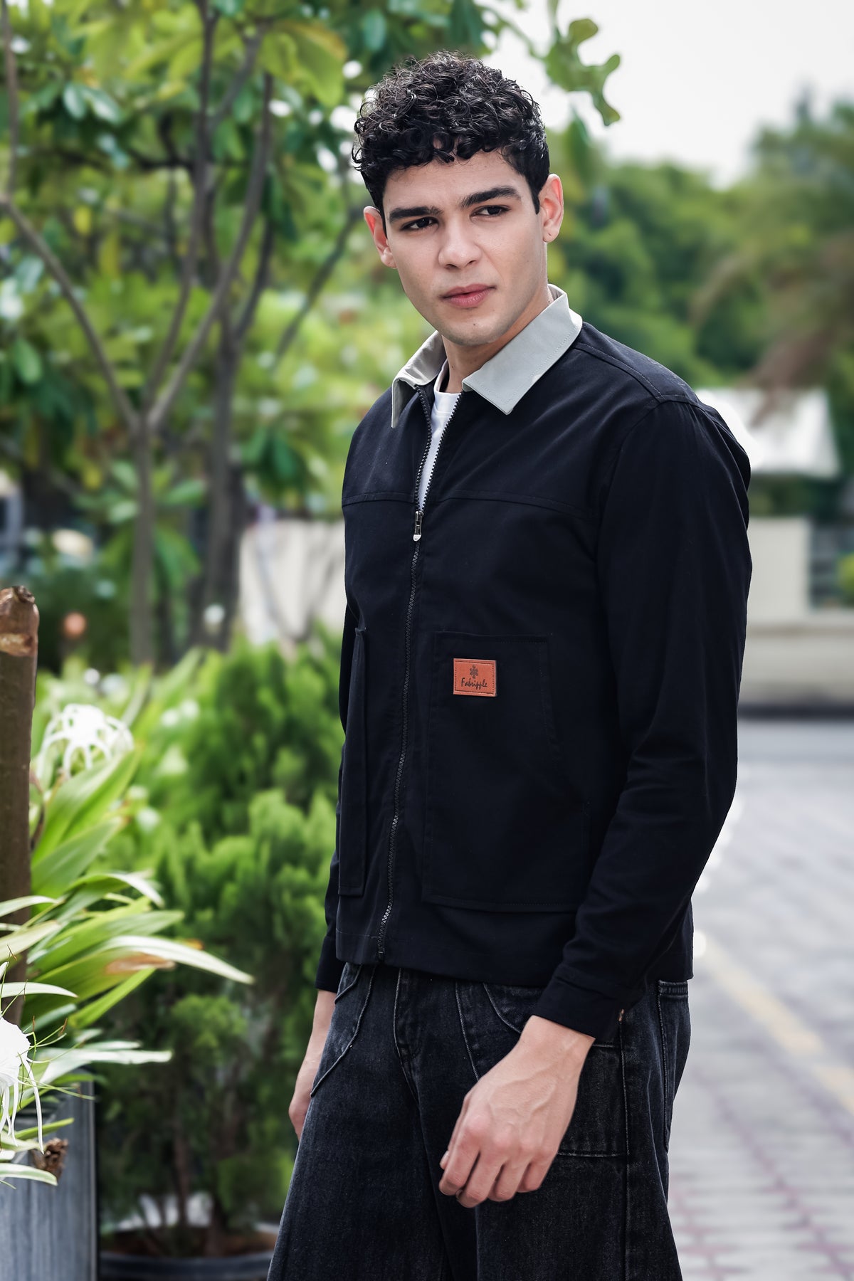 Men's Black Full Sleeve Zip-Up Jacket Shirt – Contrast Grey Collar