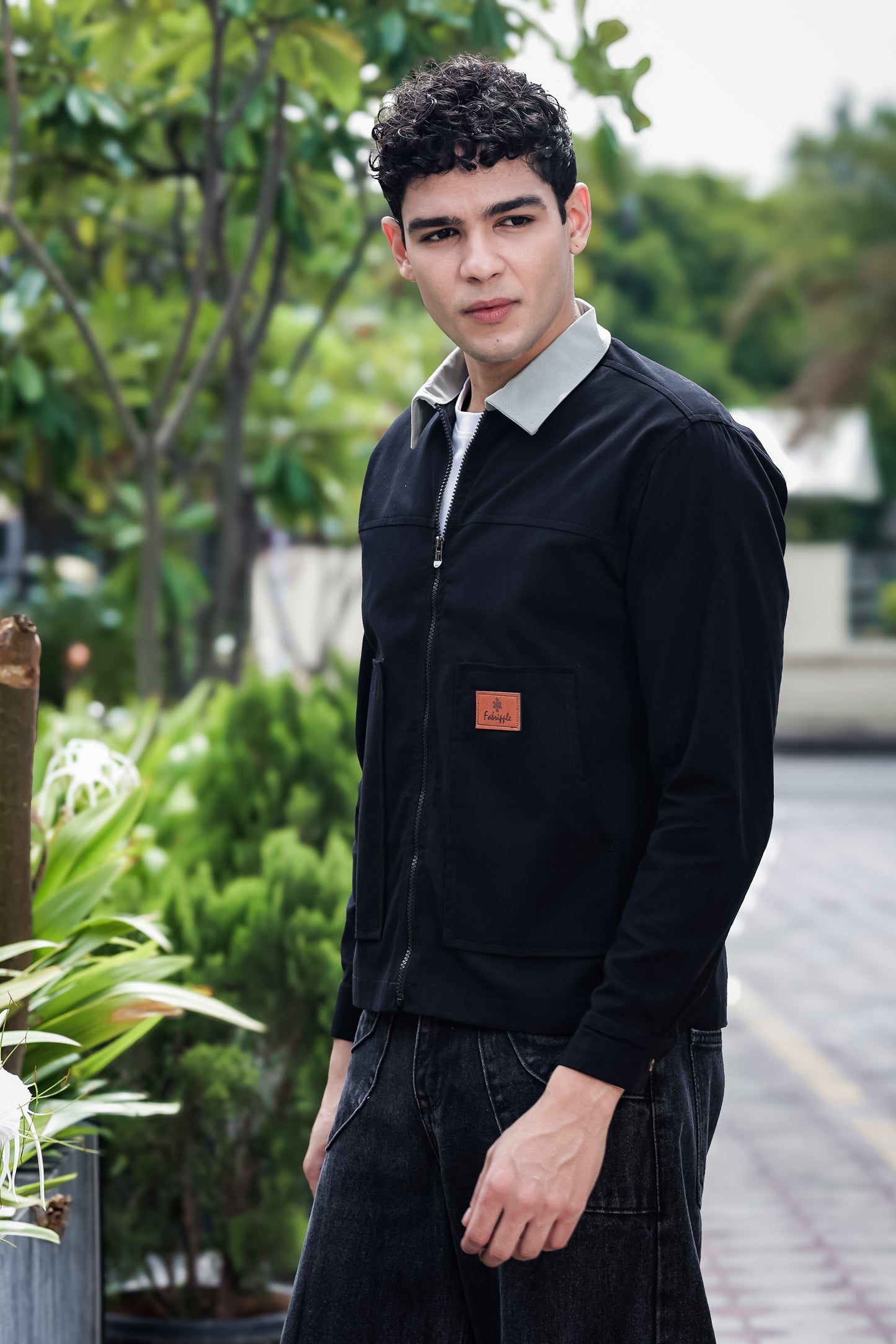 Men's Black Full Sleeve Zip-Up Jacket Shirt – Contrast Grey Collar