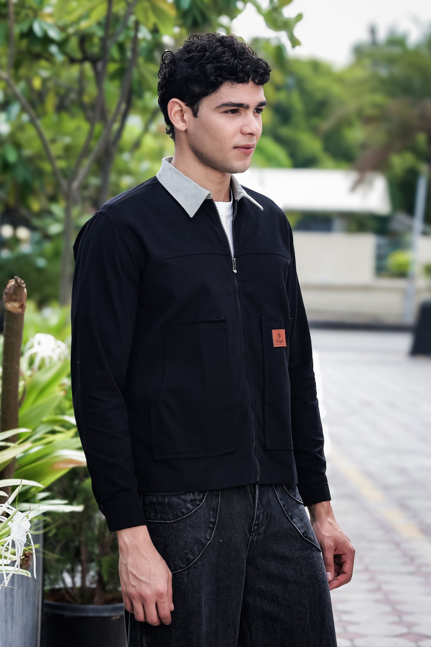 Men's Black Full Sleeve Zip-Up Jacket Shirt – Contrast Grey Collar