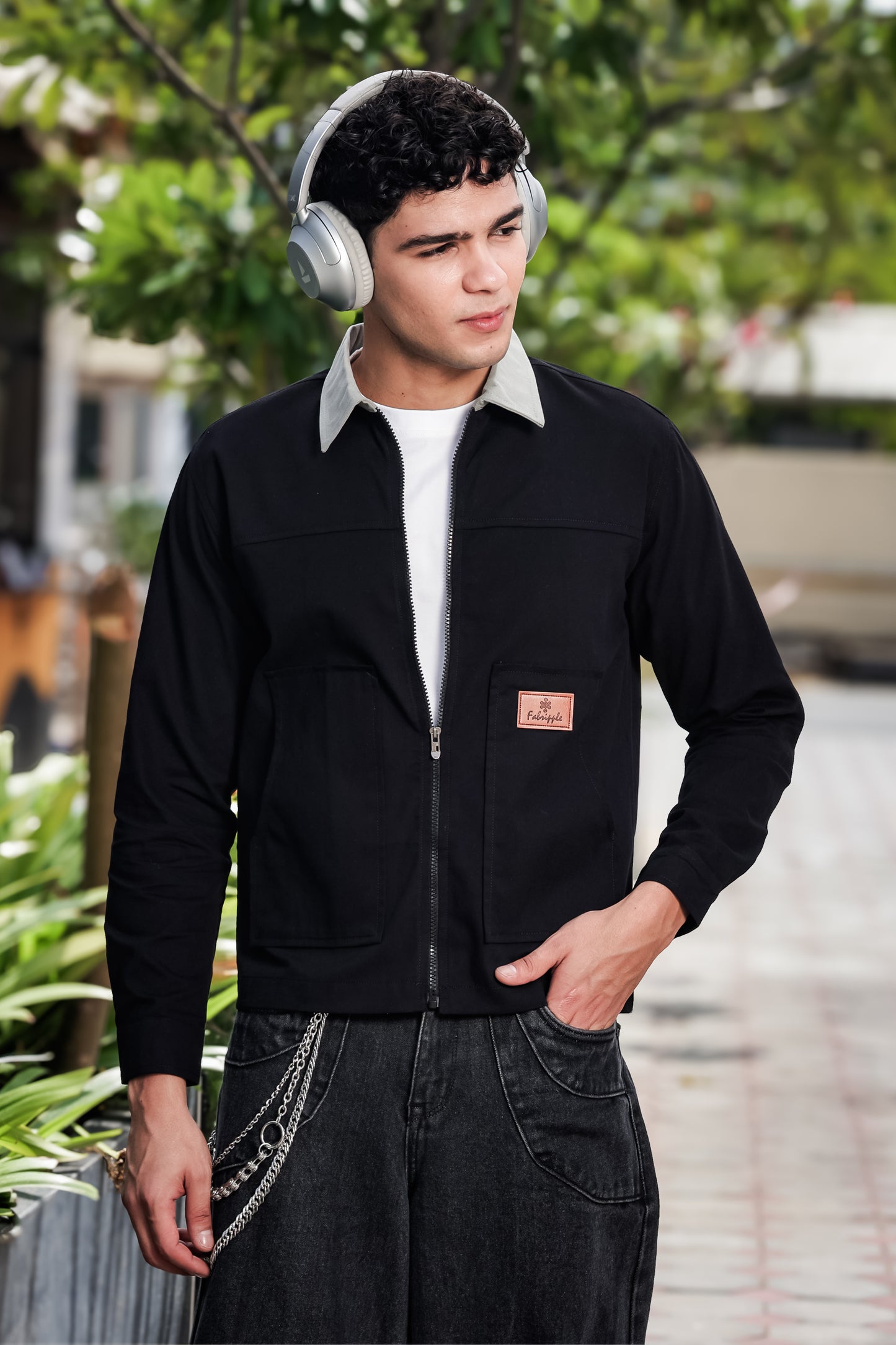 Men's Black Full Sleeve Zip-Up Jacket Shirt – Contrast Grey Collar