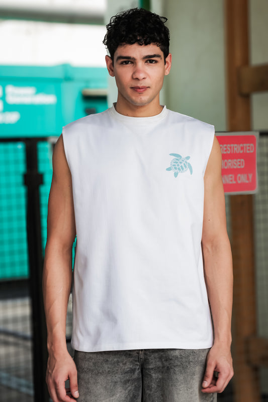 Men's White Sleeveless Graphic T-Shirt
