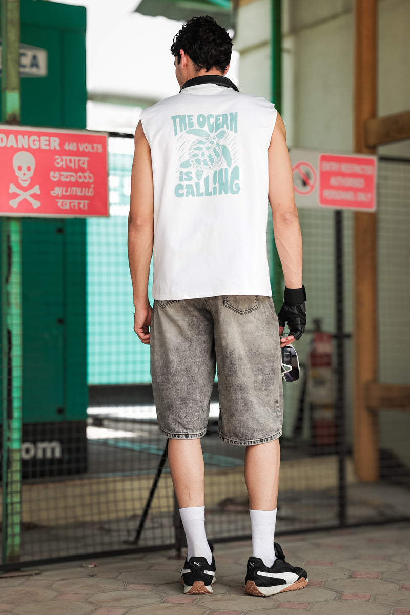 Men's White Sleeveless Graphic T-Shirt