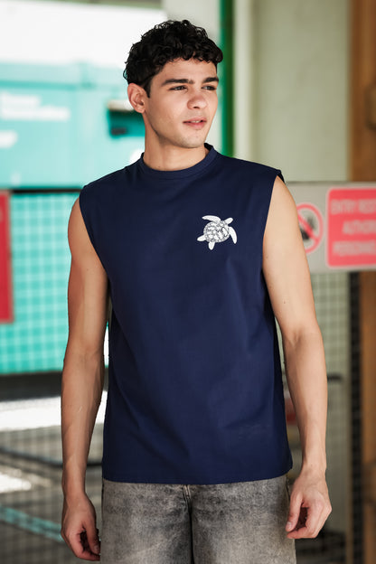 Men's Navy Blue Sleeveless Turtle Graphic T-Shirt