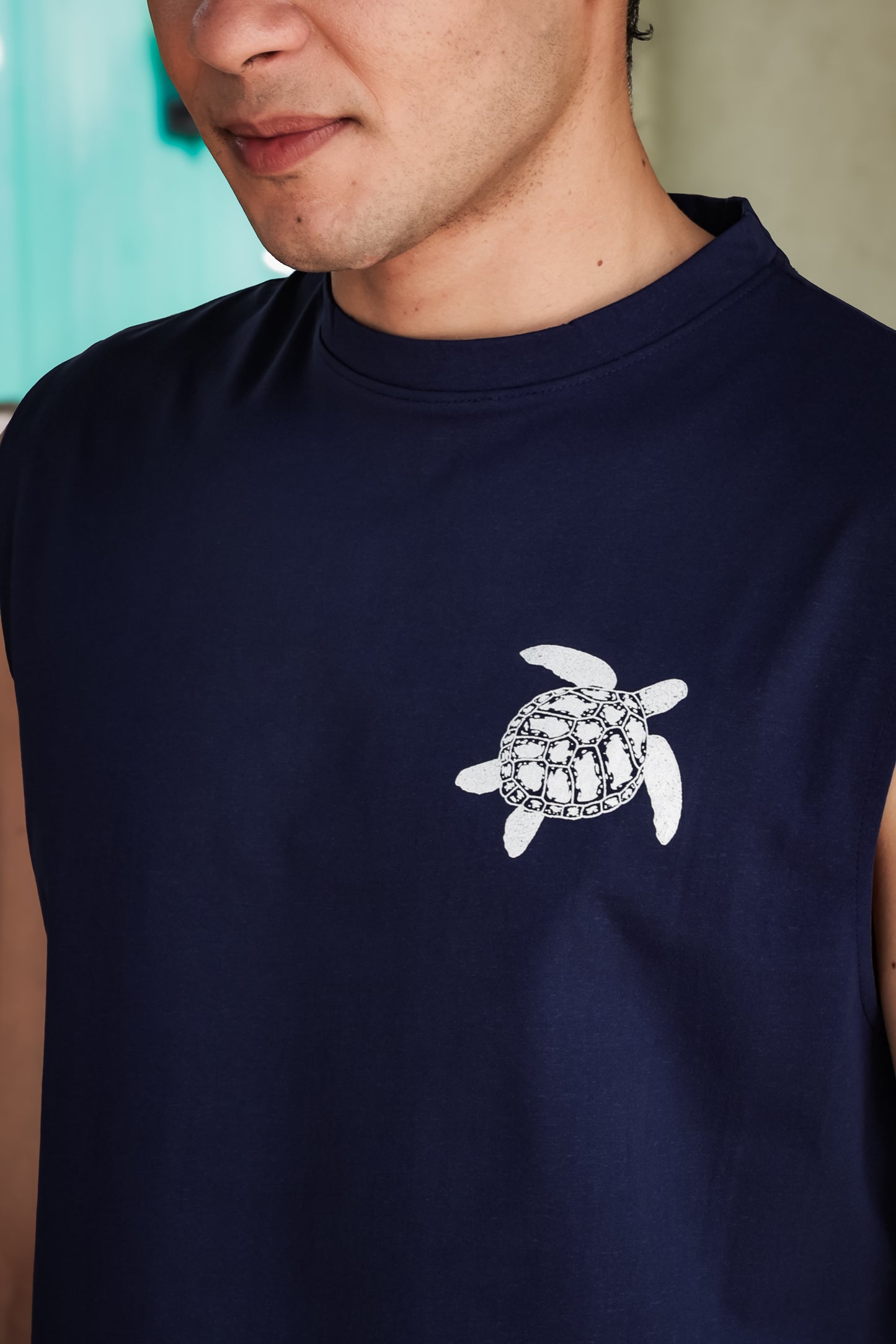 Men's Navy Blue Sleeveless Turtle Graphic T-Shirt