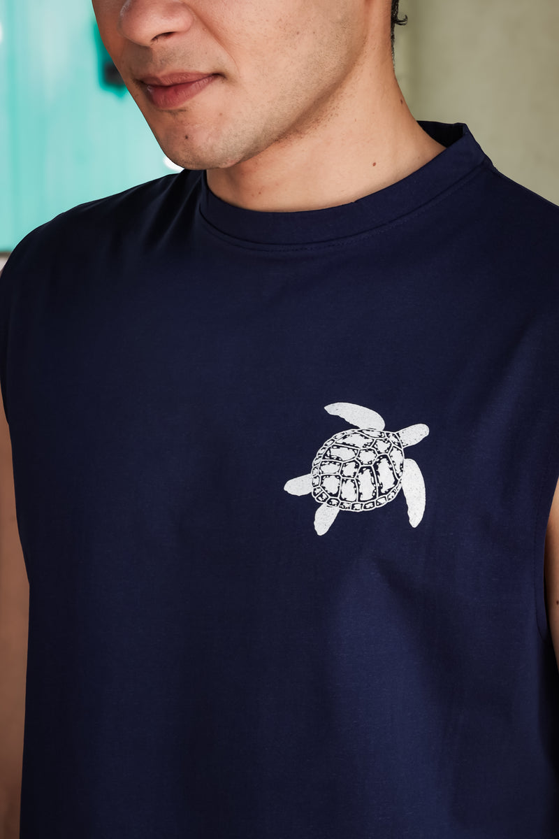 Men's Navy Blue Sleeveless Turtle Graphic T-Shirt
