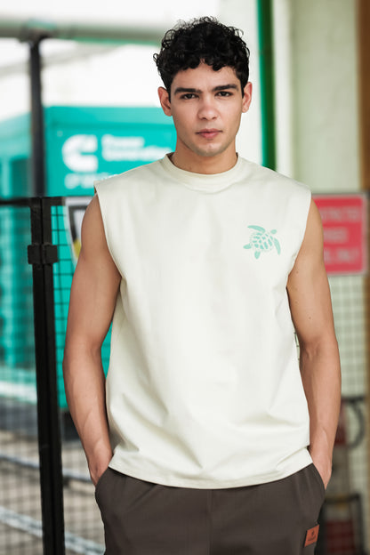 Men's Off White Sleeveless Turtle Graphic T-Shirt