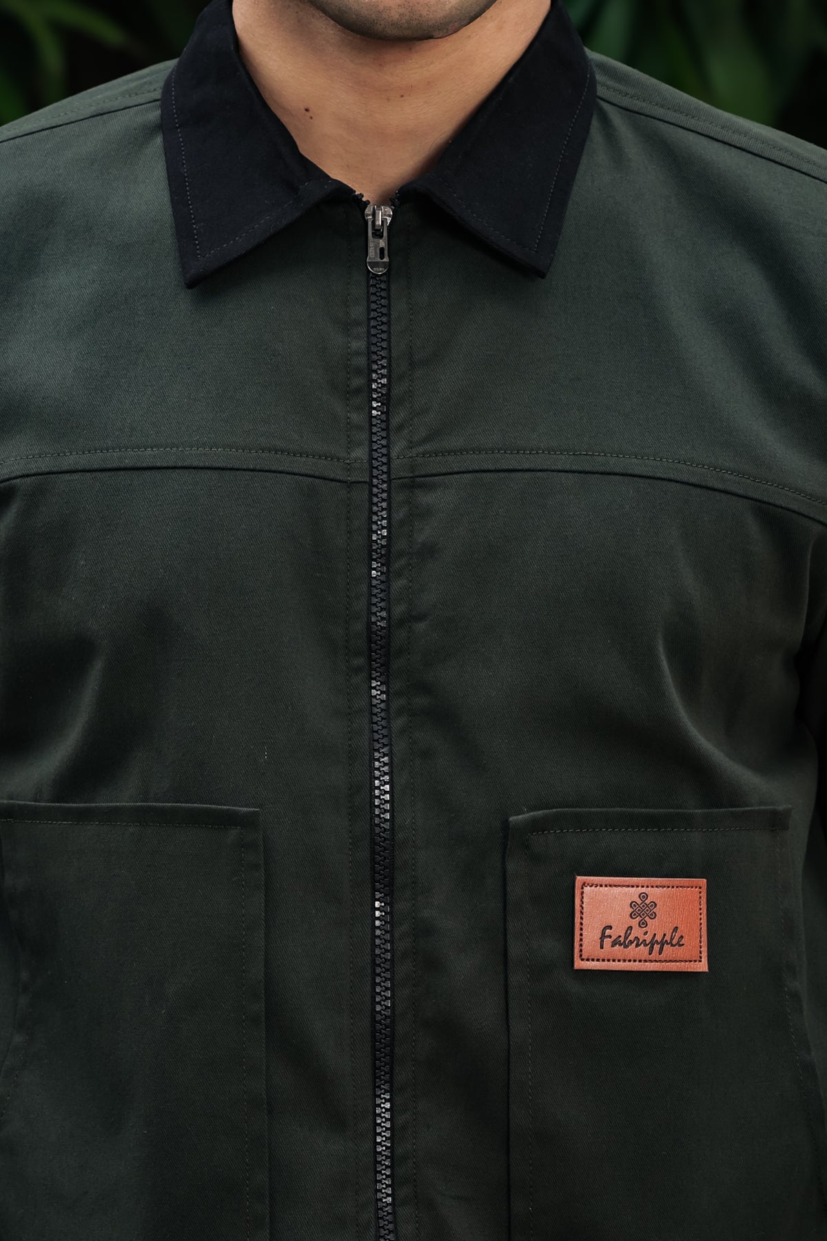 Men's Green Full Sleeve Zip-Up Jacket Shirt – Black Contrast Collar