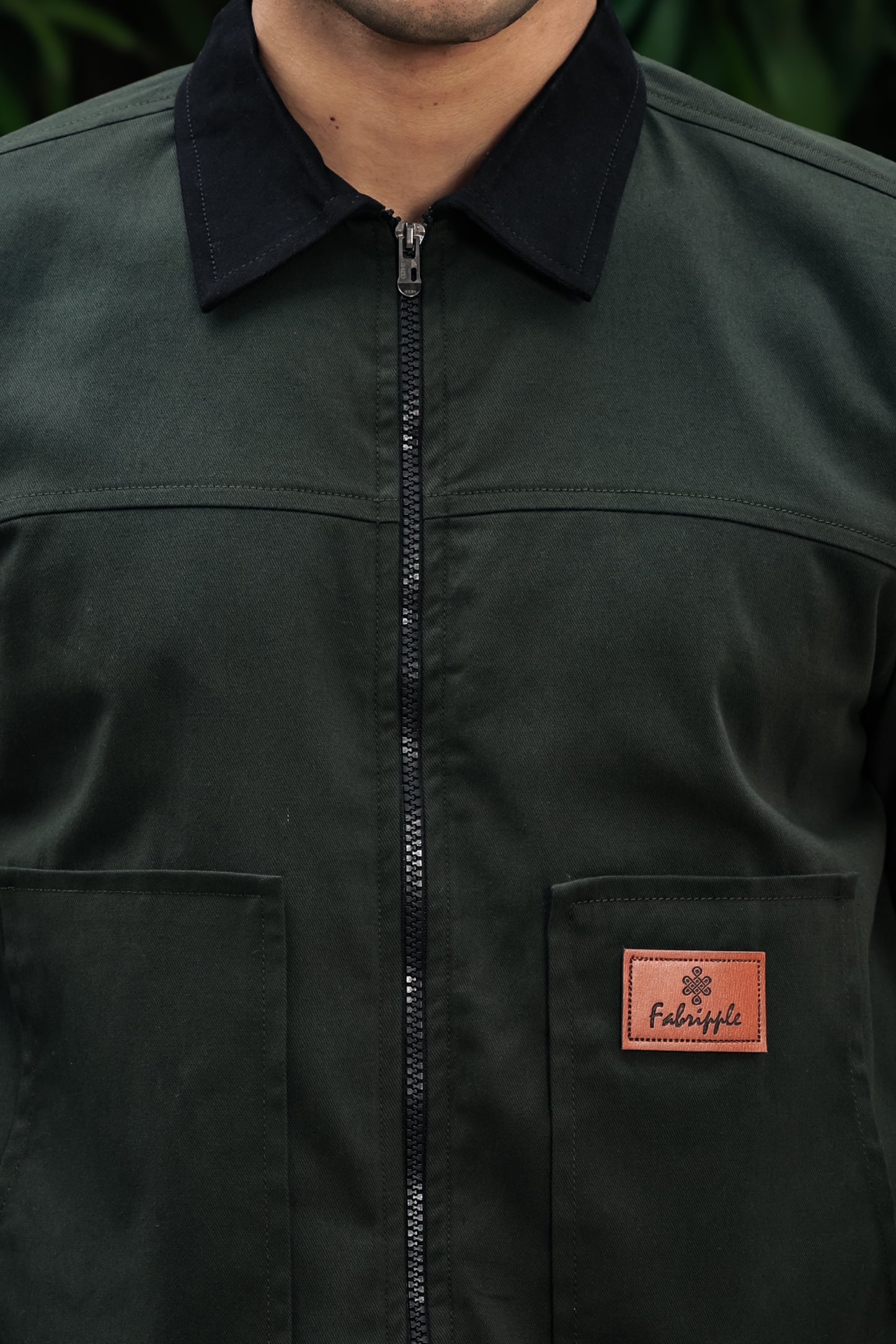 Men's Green Full Sleeve Zip-Up Jacket Shirt – Black Contrast Collar