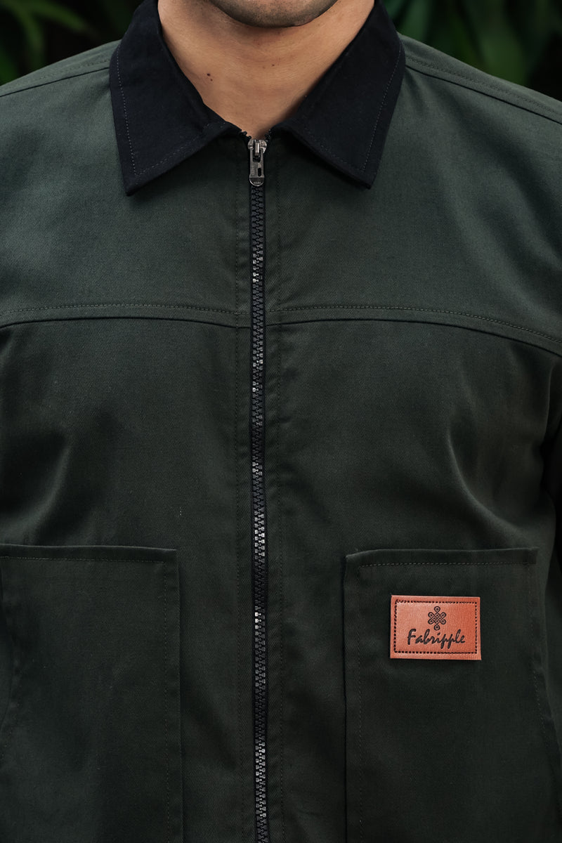 Men's Green Full Sleeve Zip-Up Jacket Shirt – Black Contrast Collar