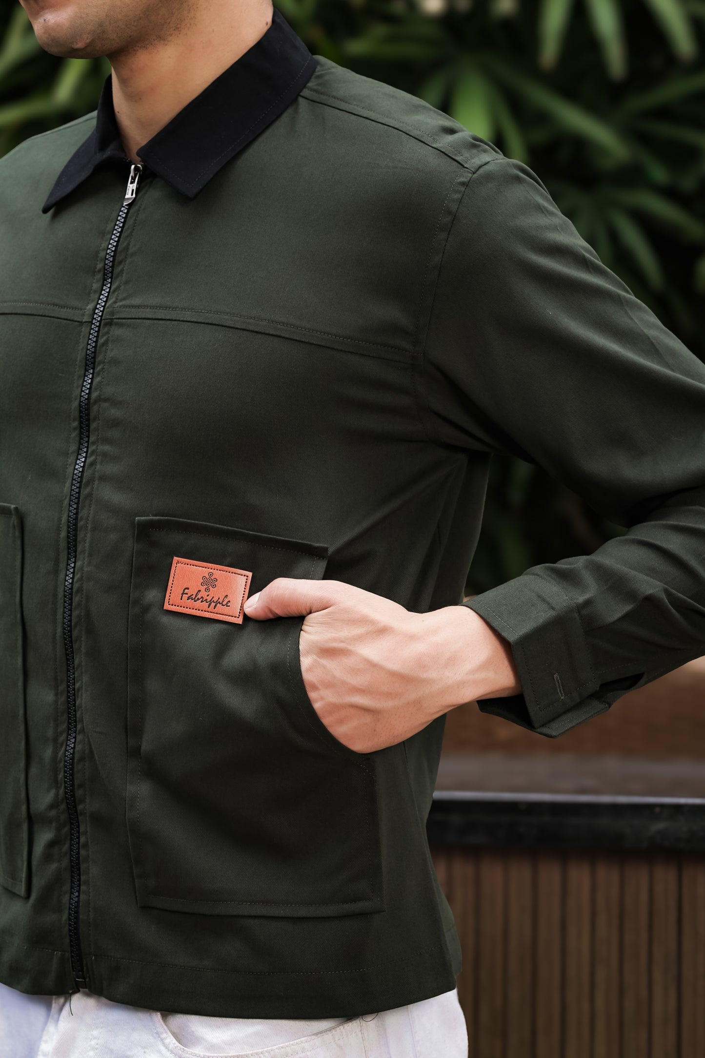Men's Green Full Sleeve Zip-Up Jacket Shirt – Black Contrast Collar