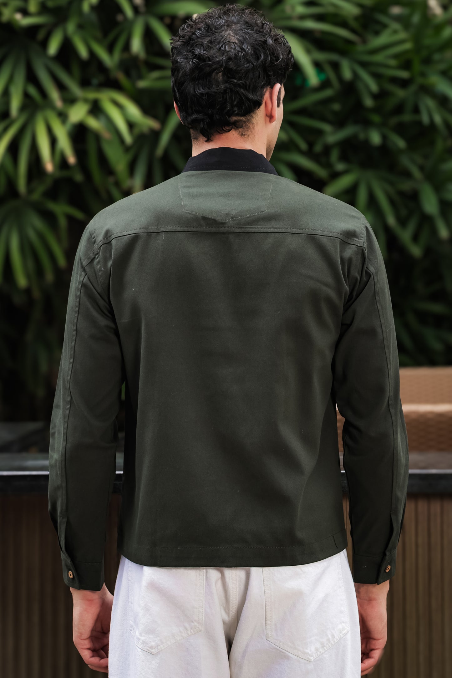 Men's Green Full Sleeve Zip-Up Jacket Shirt – Black Contrast Collar