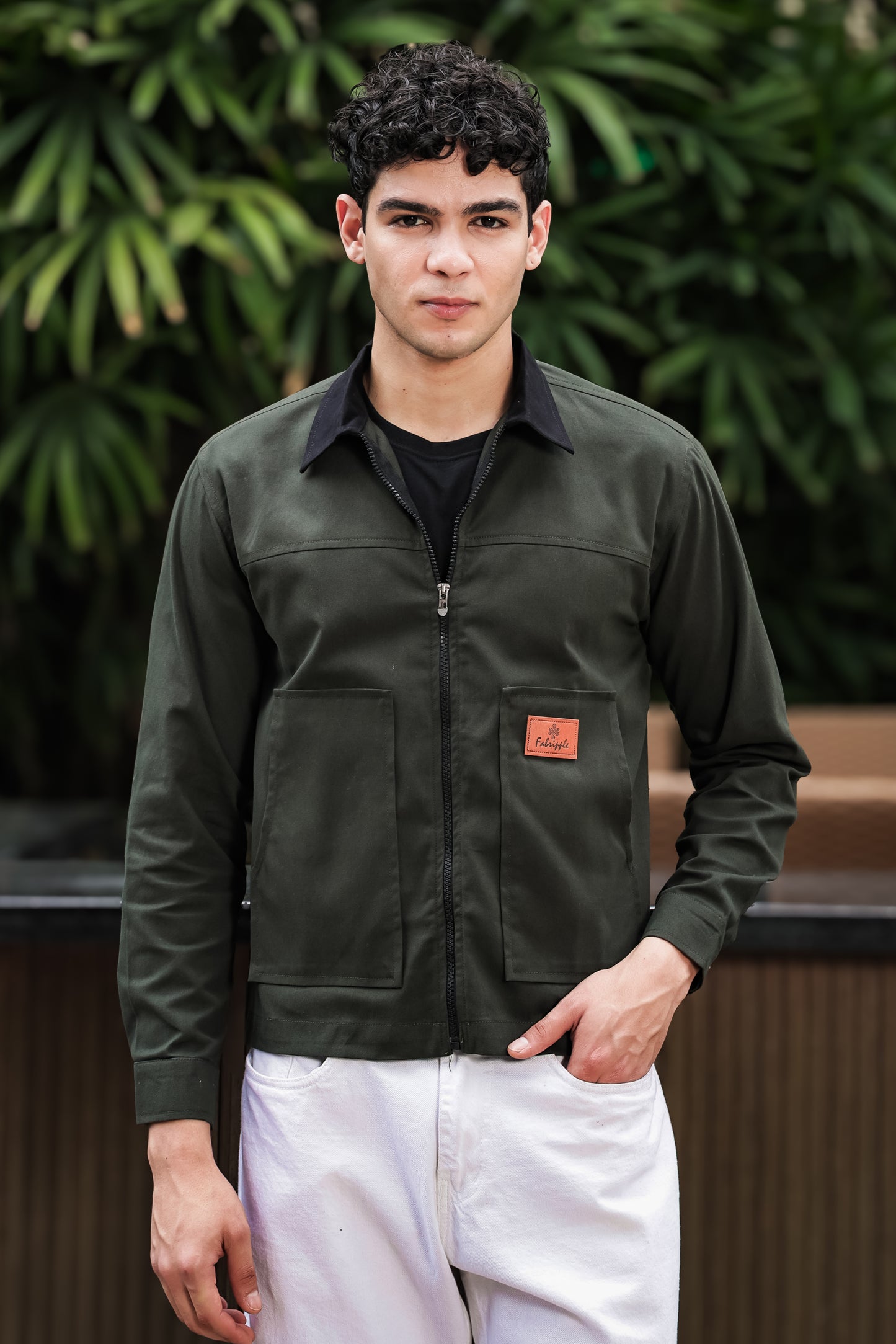 Men's Black Full Sleeve Zip-Up Jacket Shirt – Contrast Grey Collar