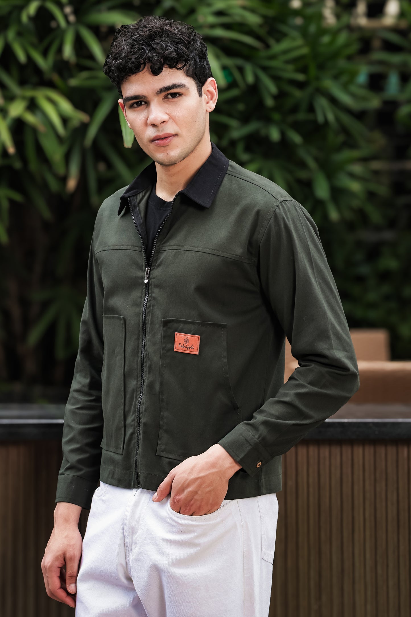 Men's Green Full Sleeve Zip-Up Jacket Shirt – Black Contrast Collar