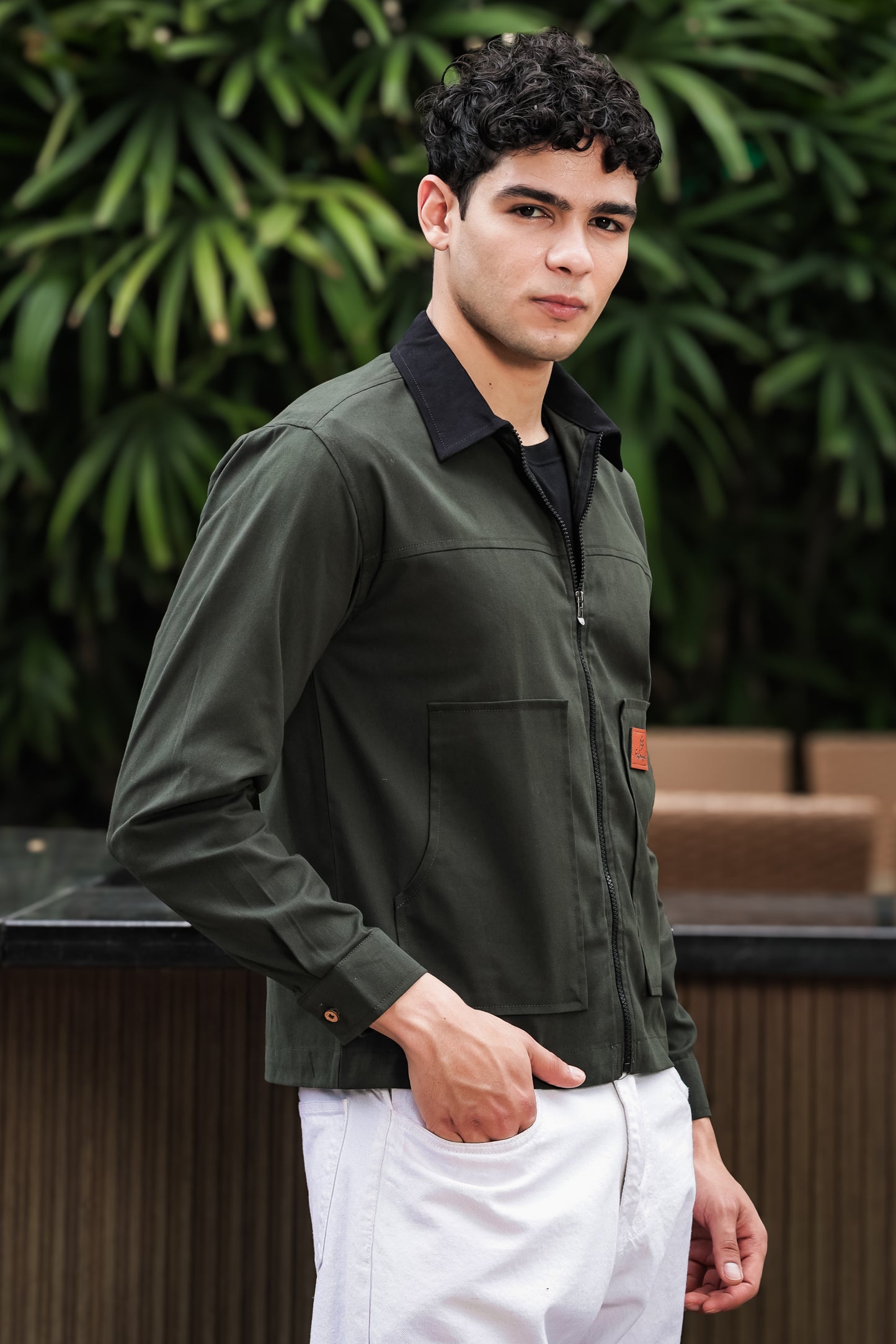 Men's Green Full Sleeve Zip-Up Jacket Shirt – Black Contrast Collar