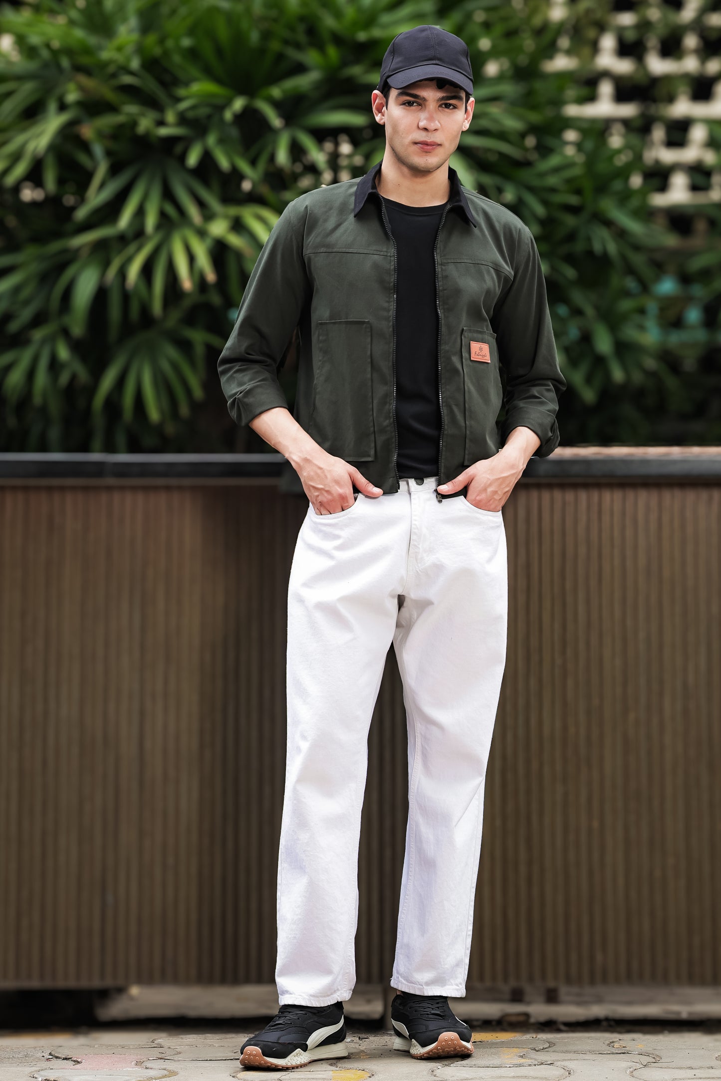 Men's Green Full Sleeve Zip-Up Jacket Shirt – Black Contrast Collar