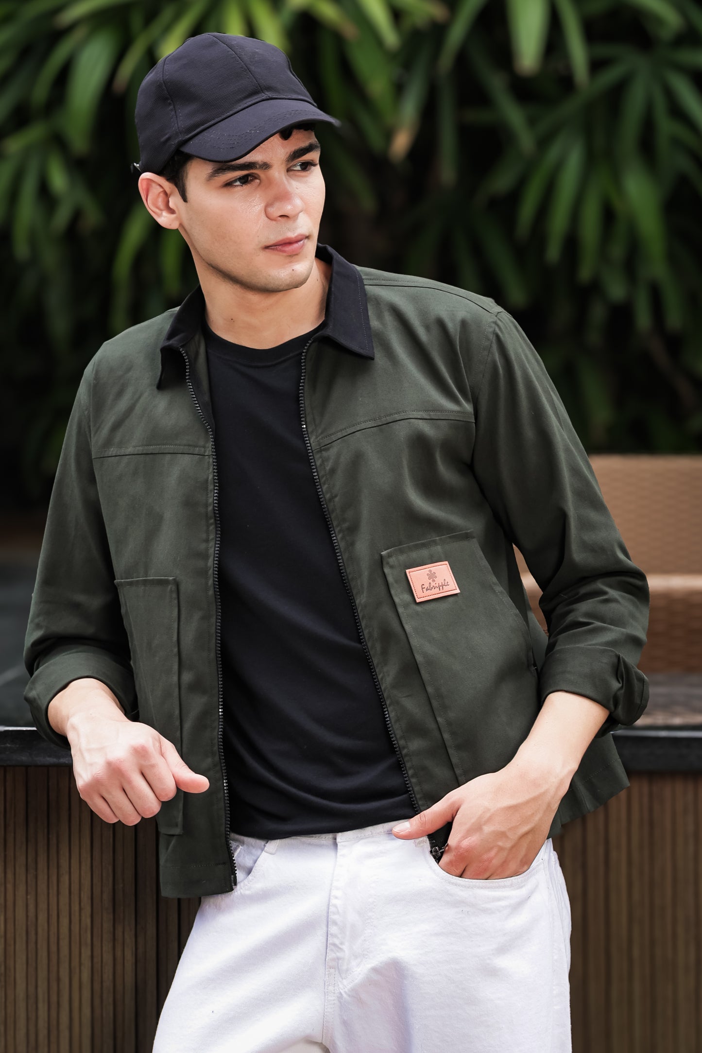 Men's Green Full Sleeve Zip-Up Jacket Shirt – Black Contrast Collar