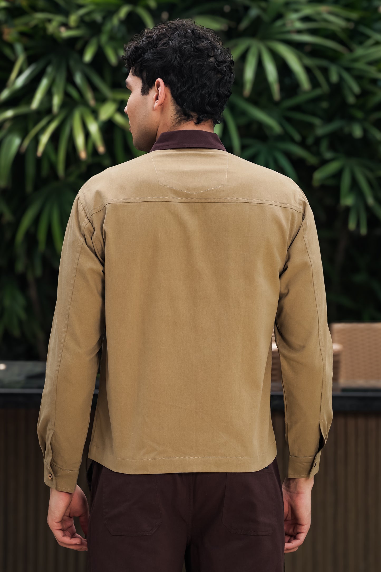 Men's Khaki Full Sleeve Zip-Up Jacket Shirt – Contrast Collar