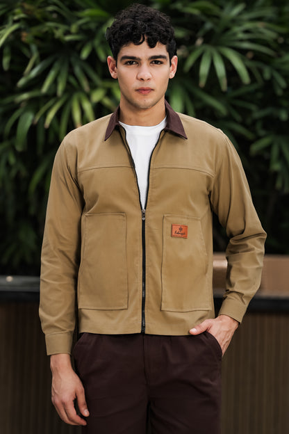 Men's Khaki Full Sleeve Zip-Up Jacket Shirt – Contrast Collar