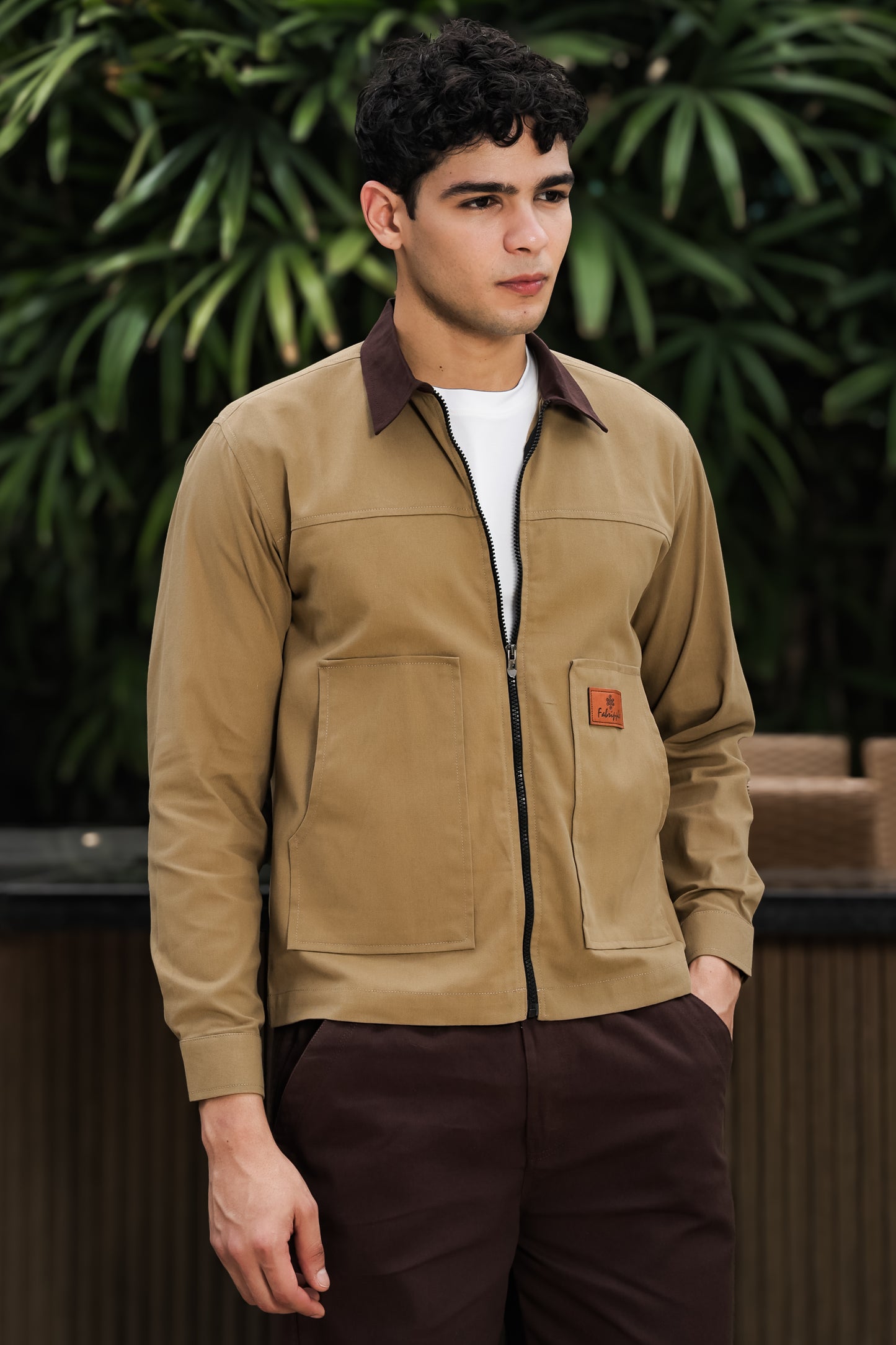 Men's Khaki Full Sleeve Zip-Up Jacket Shirt – Contrast Collar