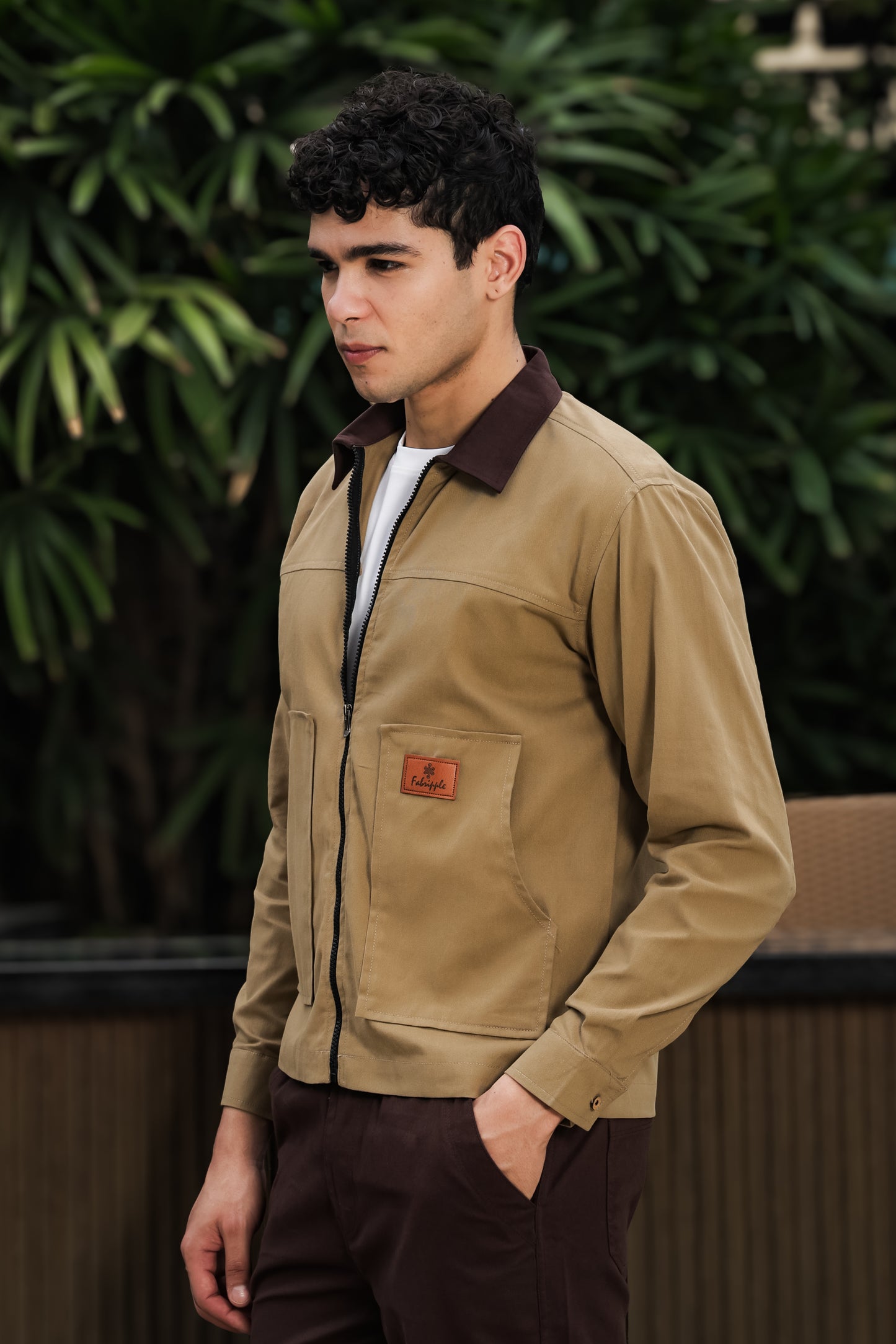 Men's Khaki Full Sleeve Zip-Up Jacket Shirt – Contrast Collar