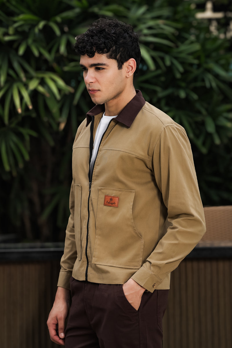 Men's Khaki Full Sleeve Zip-Up Jacket Shirt – Contrast Collar