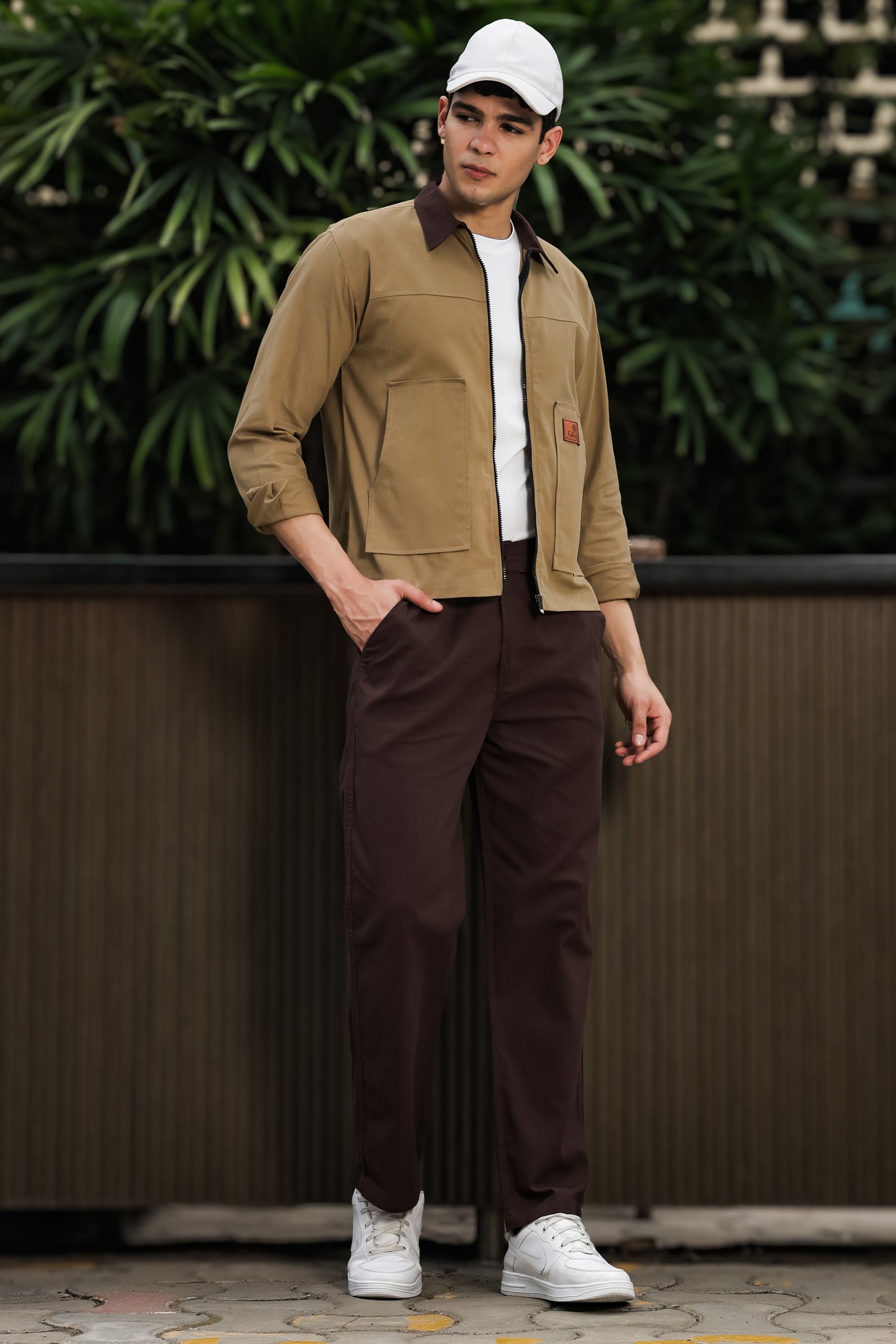 Men's Khaki Full Sleeve Zip-Up Jacket Shirt – Contrast Collar