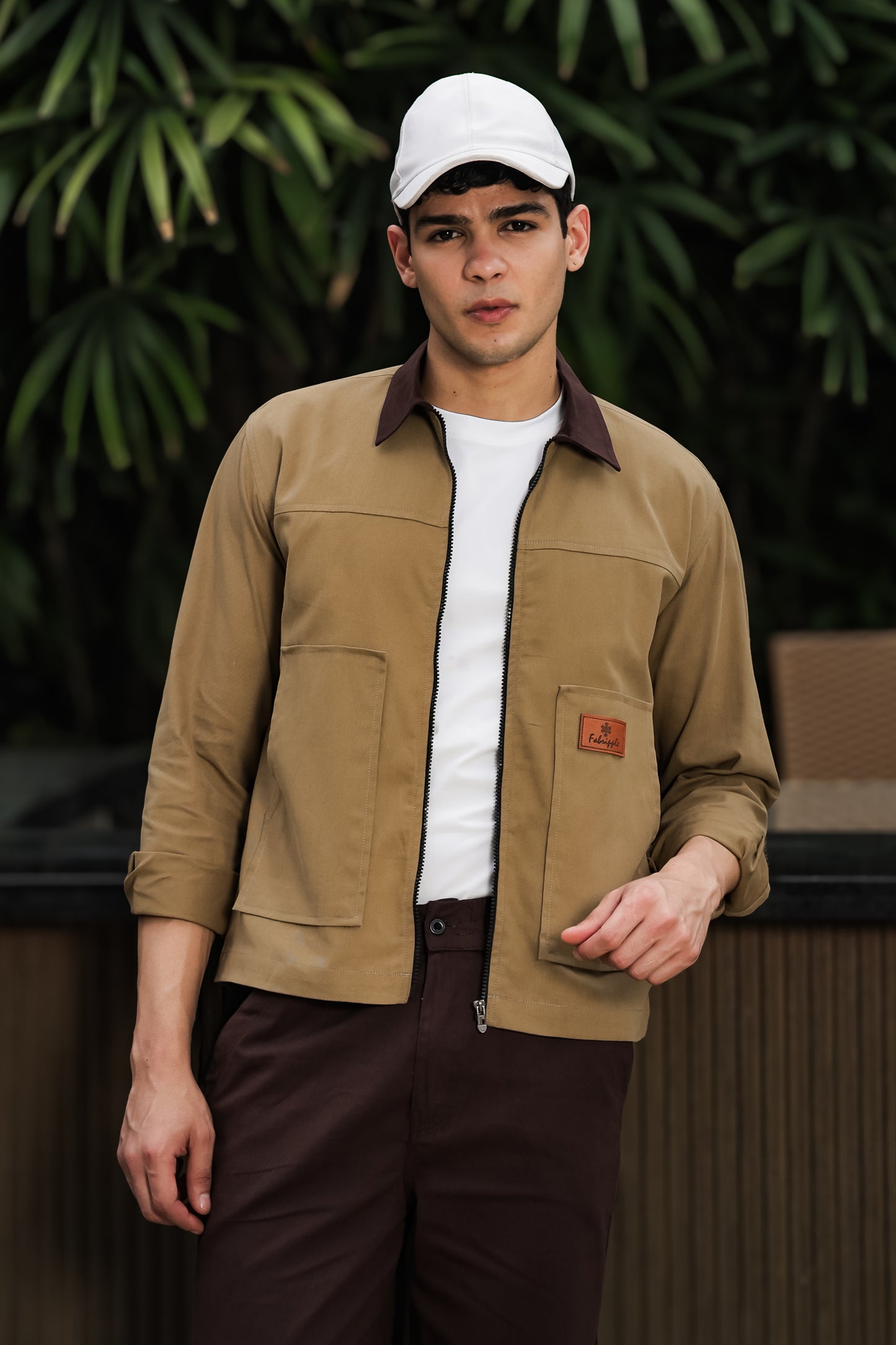 Men's Khaki Full Sleeve Zip-Up Jacket Shirt – Contrast Collar