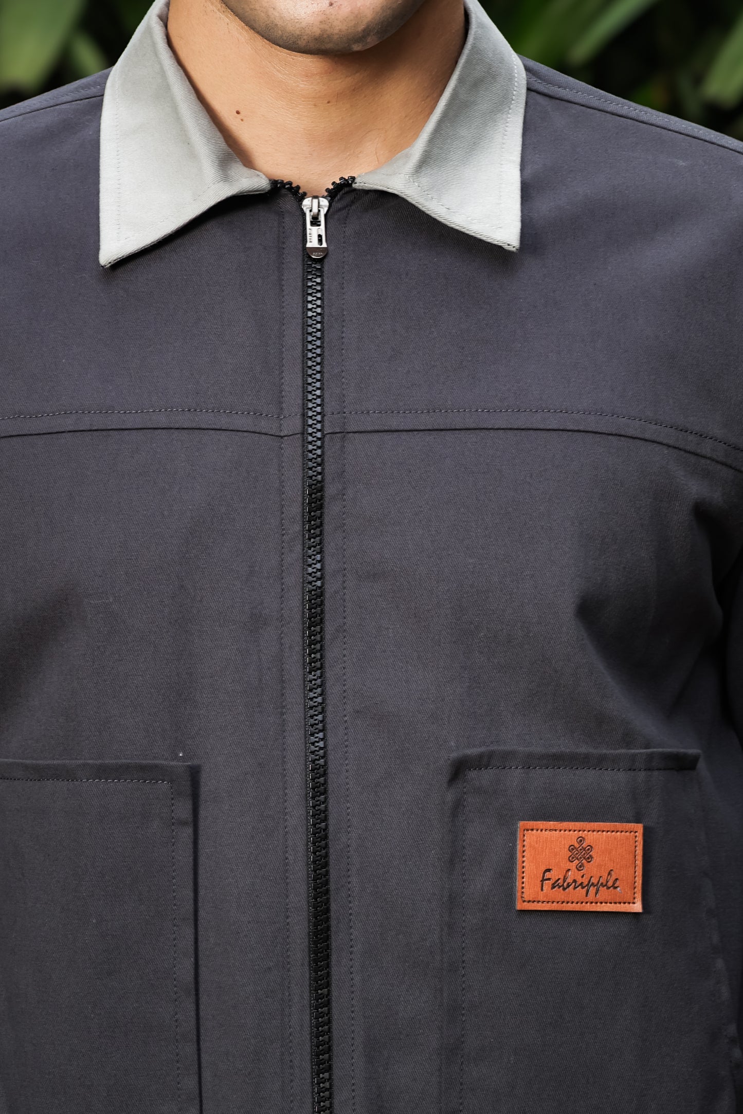 Men's Dark Grey Full Sleeve Zip-Up Jacket Shirt – Light Grey Contrast Collar