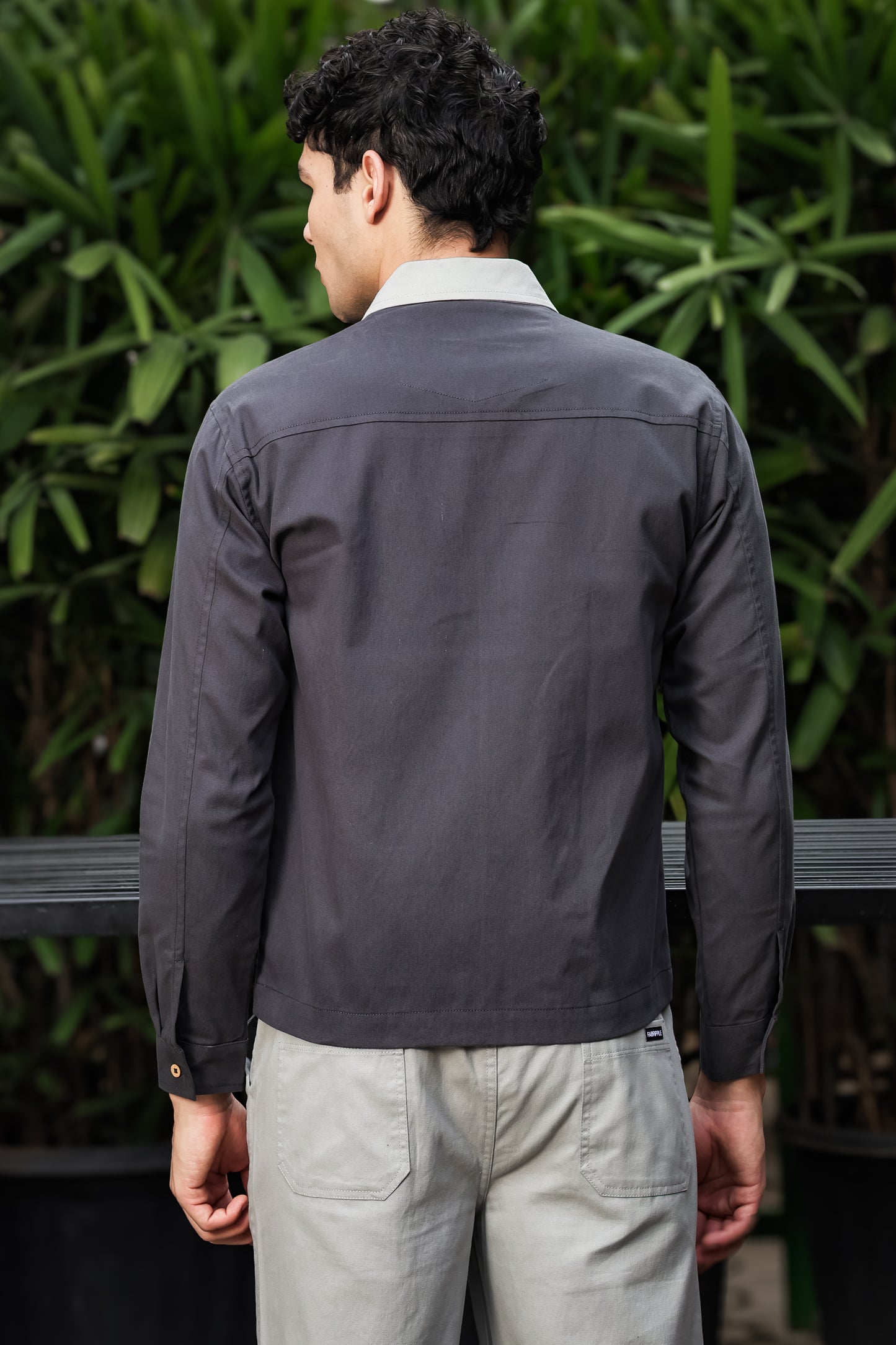 Men's Dark Grey Full Sleeve Zip-Up Jacket Shirt – Light Grey Contrast Collar