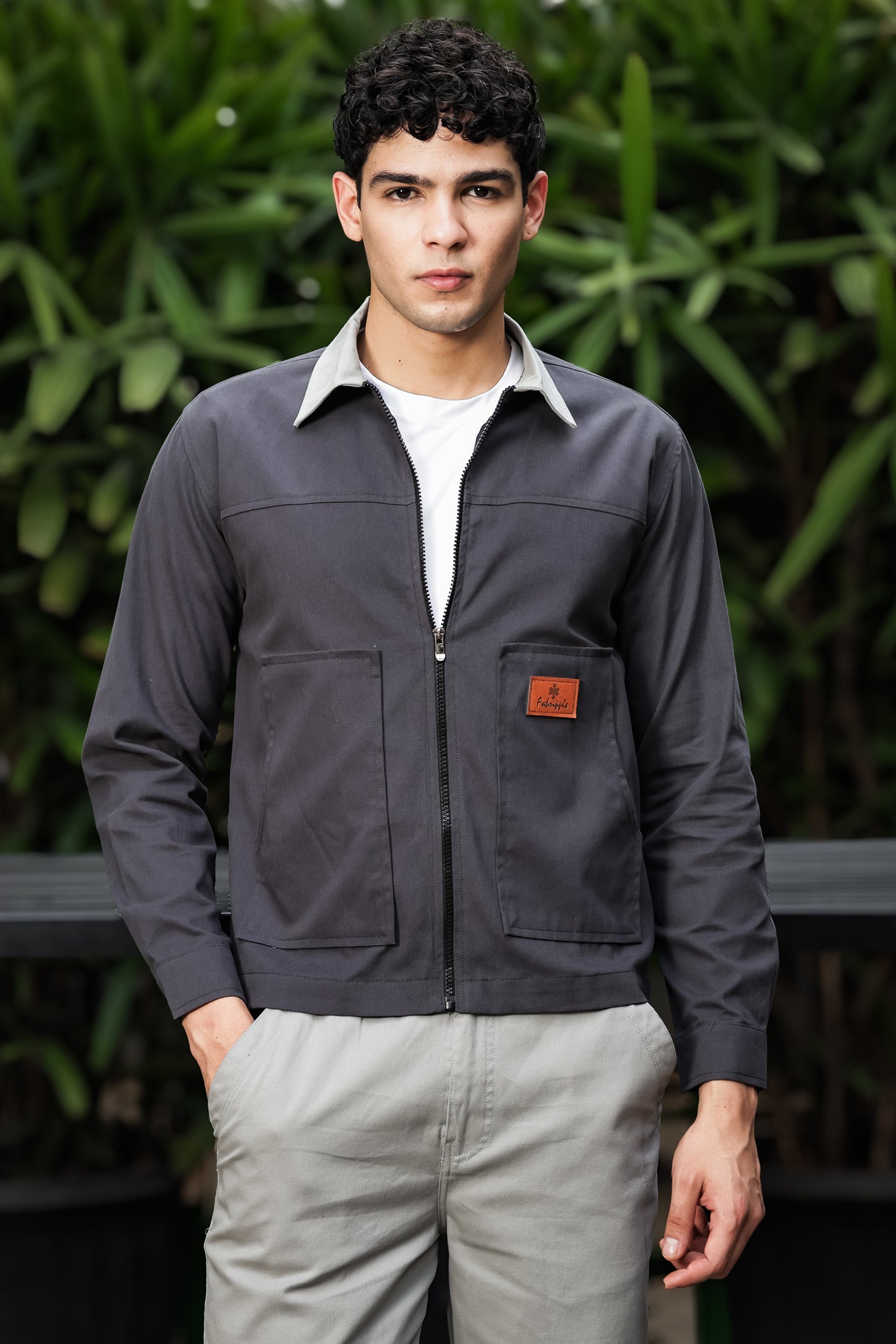 Men's Black Full Sleeve Zip-Up Jacket Shirt – Contrast Grey Collar