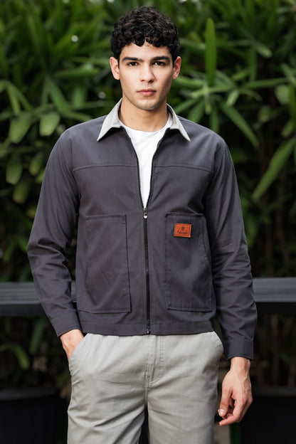 Men's Dark Grey Full Sleeve Zip-Up Jacket Shirt – Light Grey Contrast Collar