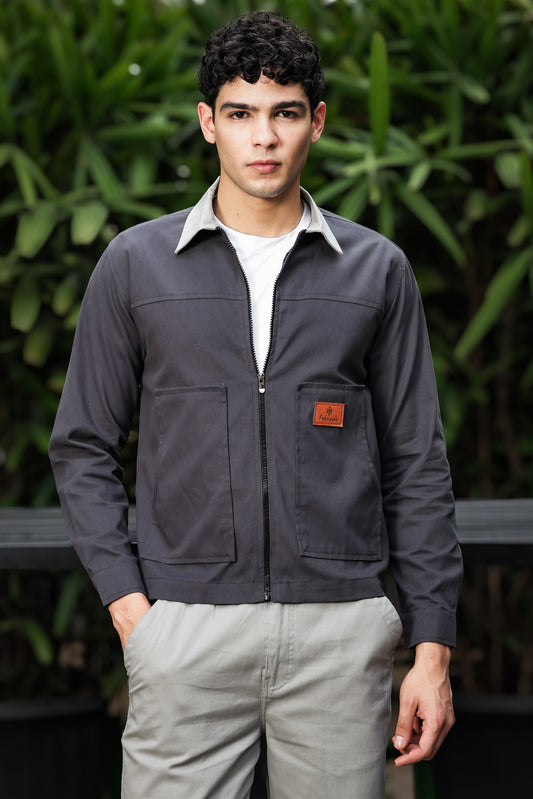 Men's Dark Grey Full Sleeve Zip-Up Jacket Shirt – Light Grey Contrast Collar