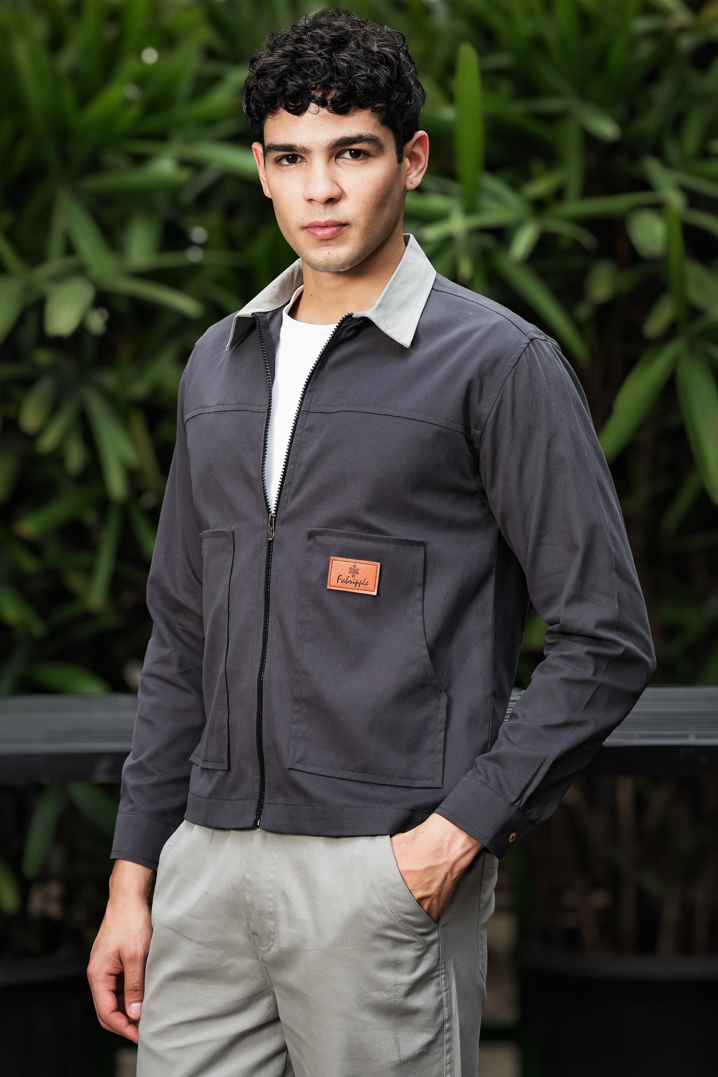 Men's Dark Grey Full Sleeve Zip-Up Jacket Shirt – Light Grey Contrast Collar