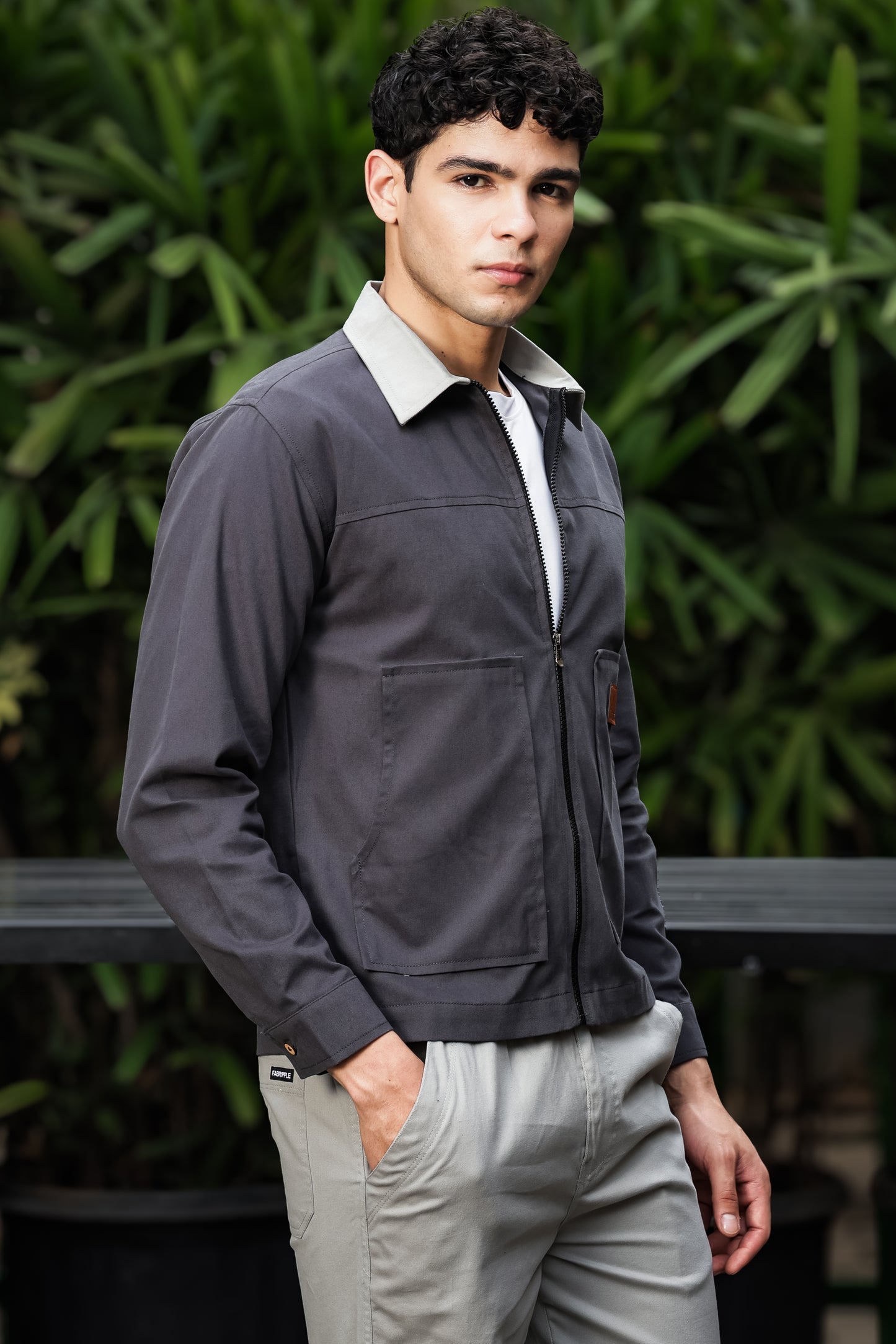 Men's Dark Grey Full Sleeve Zip-Up Jacket Shirt – Light Grey Contrast Collar