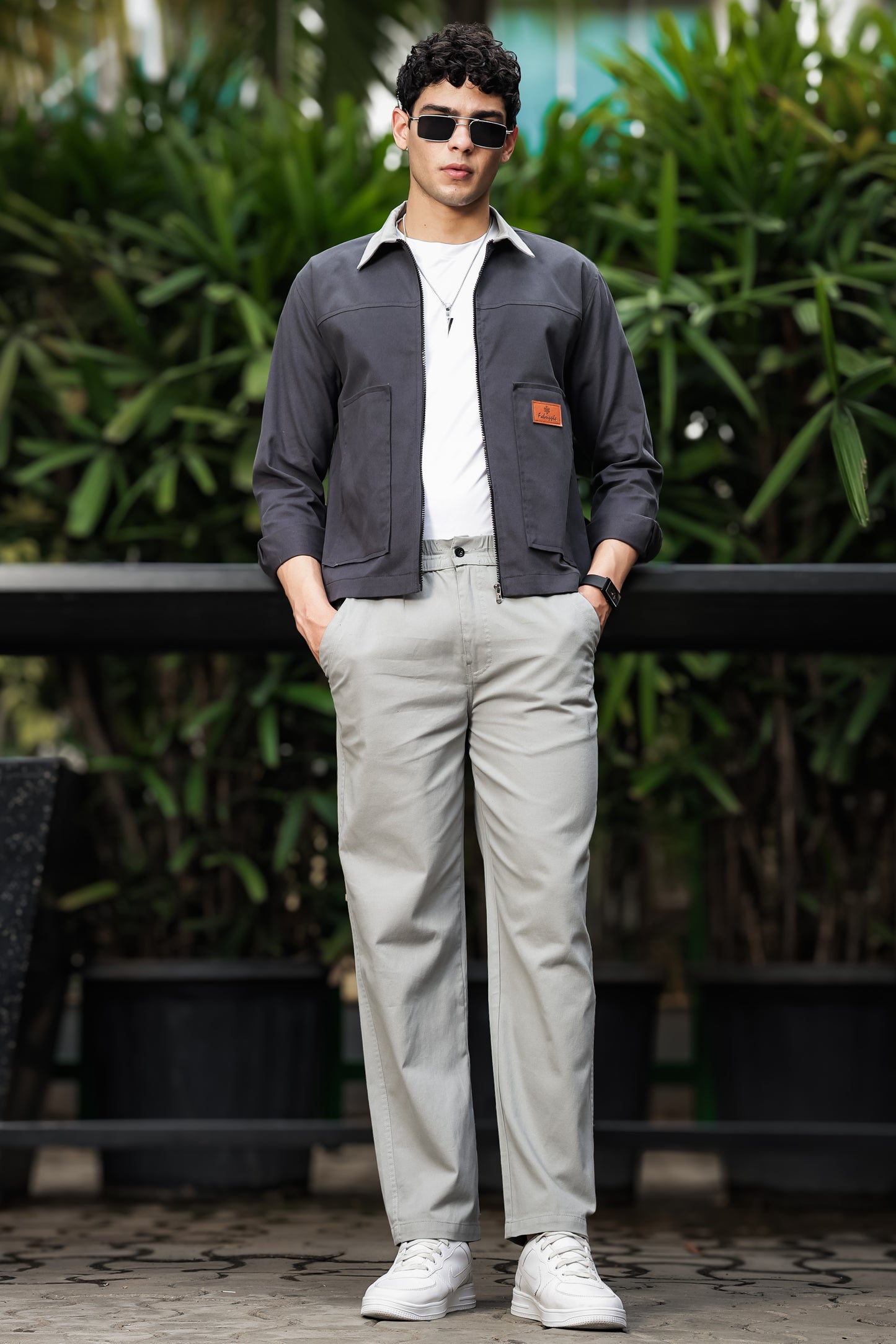 Men's Dark Grey Full Sleeve Zip-Up Jacket Shirt – Light Grey Contrast Collar