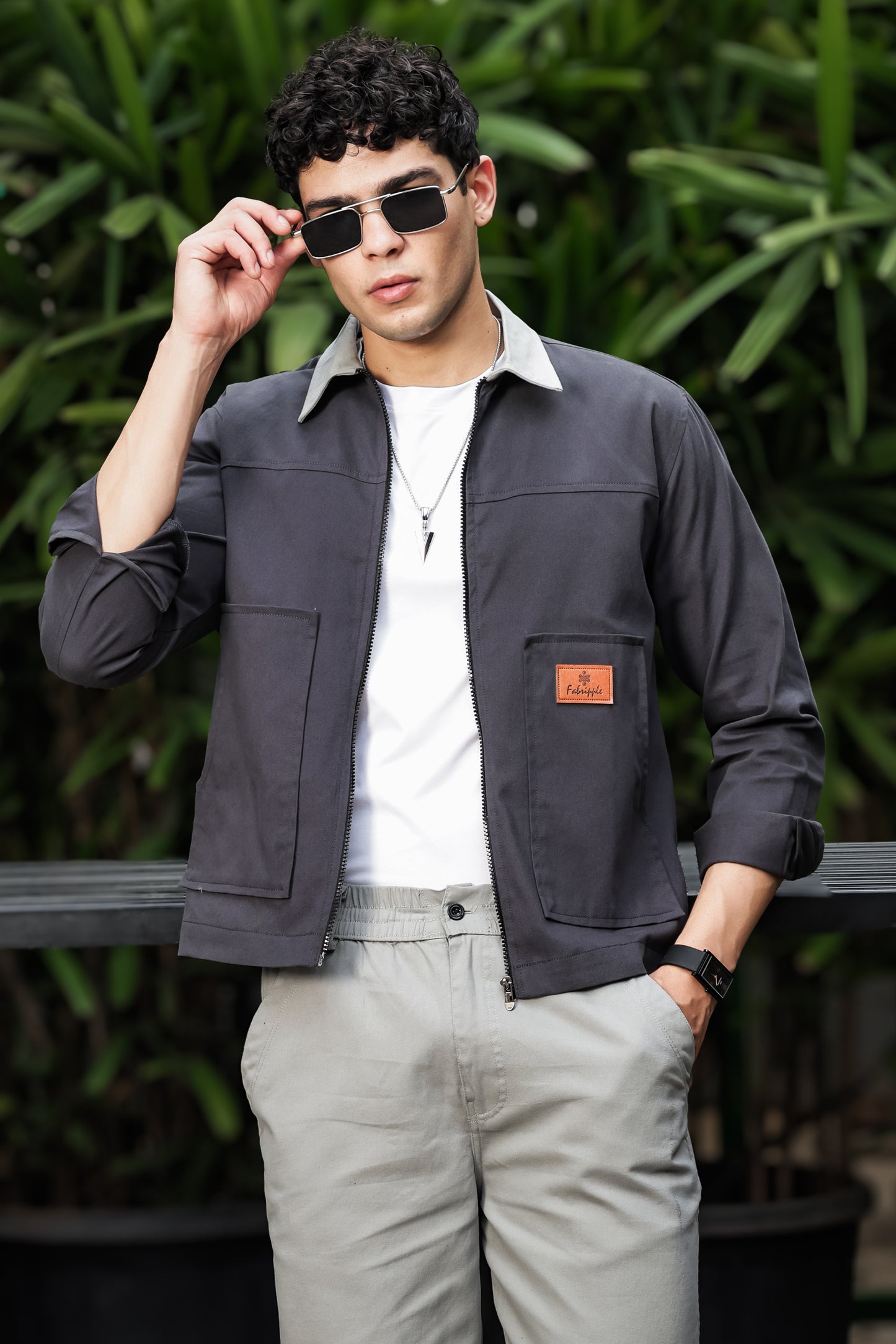Men's Dark Grey Full Sleeve Zip-Up Jacket Shirt – Light Grey Contrast Collar