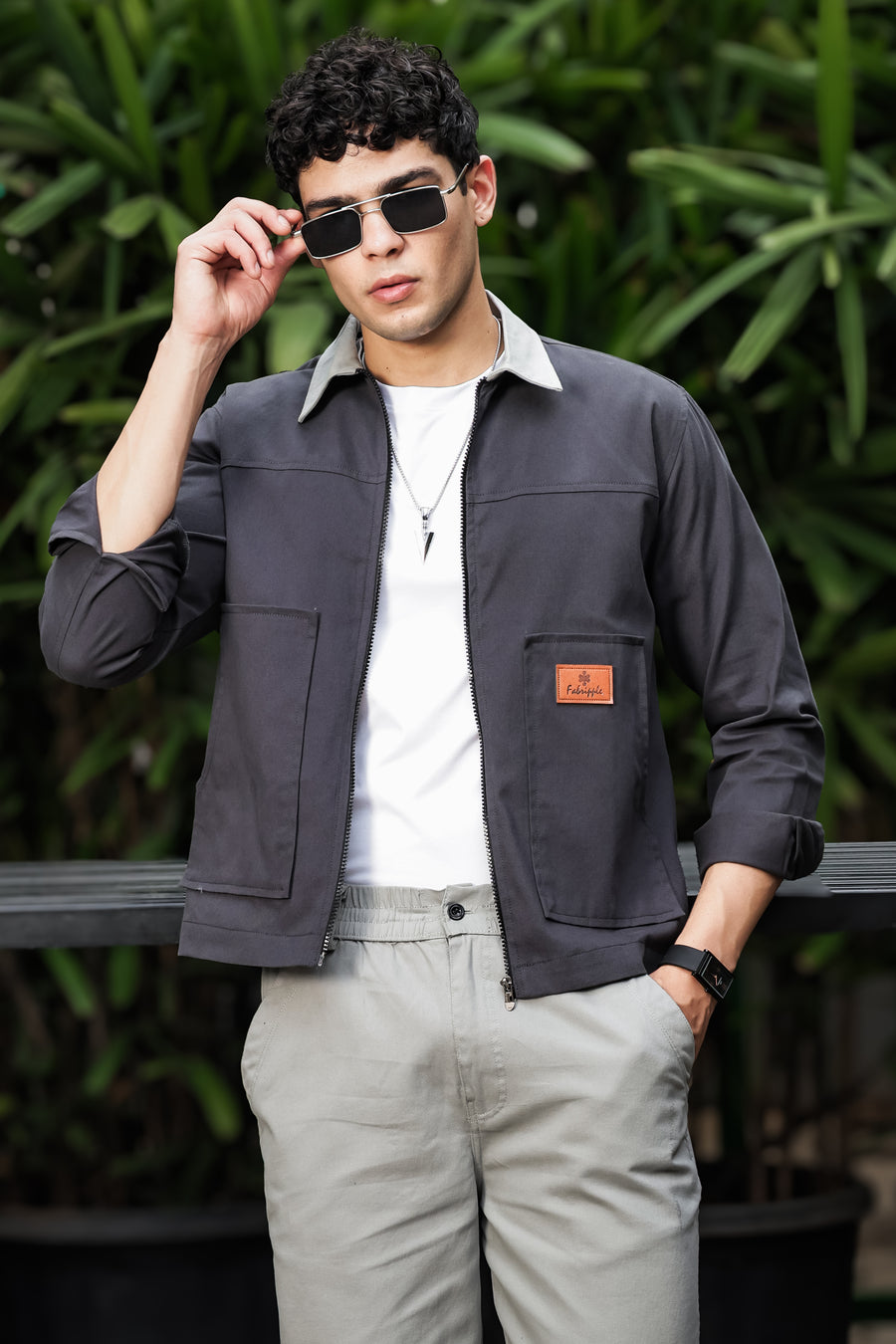 Men's Dark Grey Full Sleeve Zip-Up Jacket Shirt – Light Grey Contrast Collar