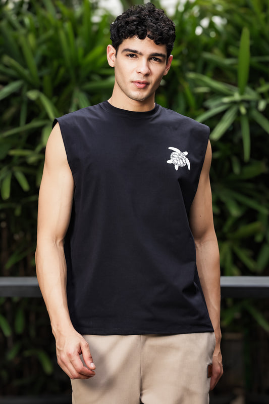 Men's Black Sleeveless Turtle Graphic T-Shirt