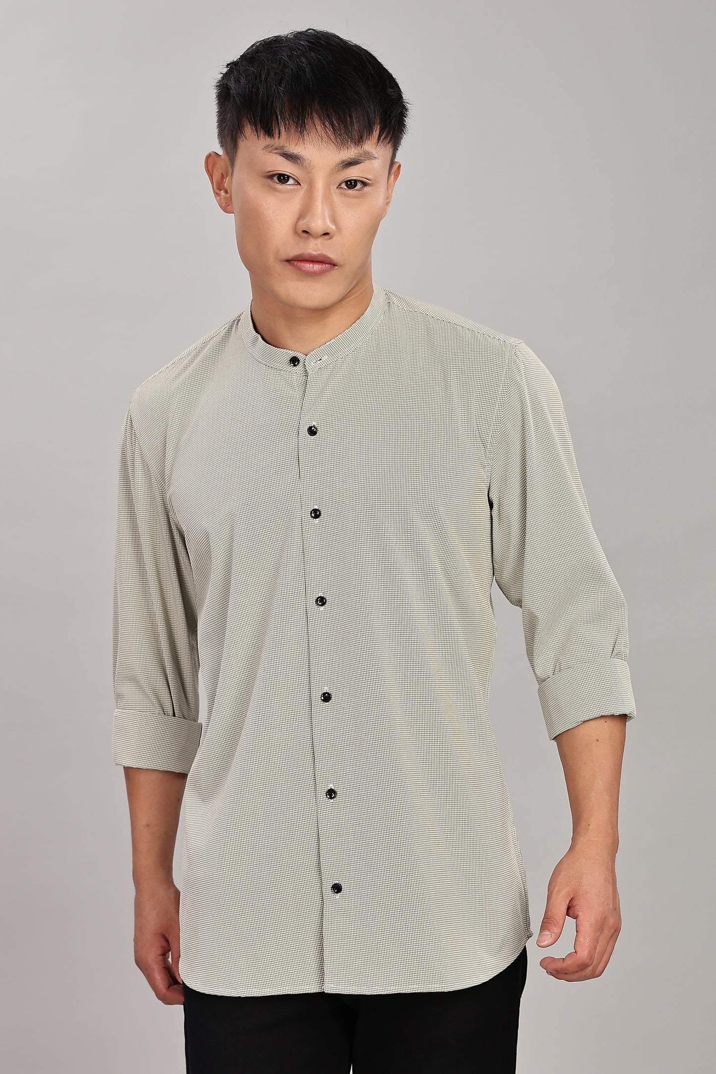 Men's Casual Mandarin Collar Shirt(OLIVE-GREEN) – Premium Cotton Blend