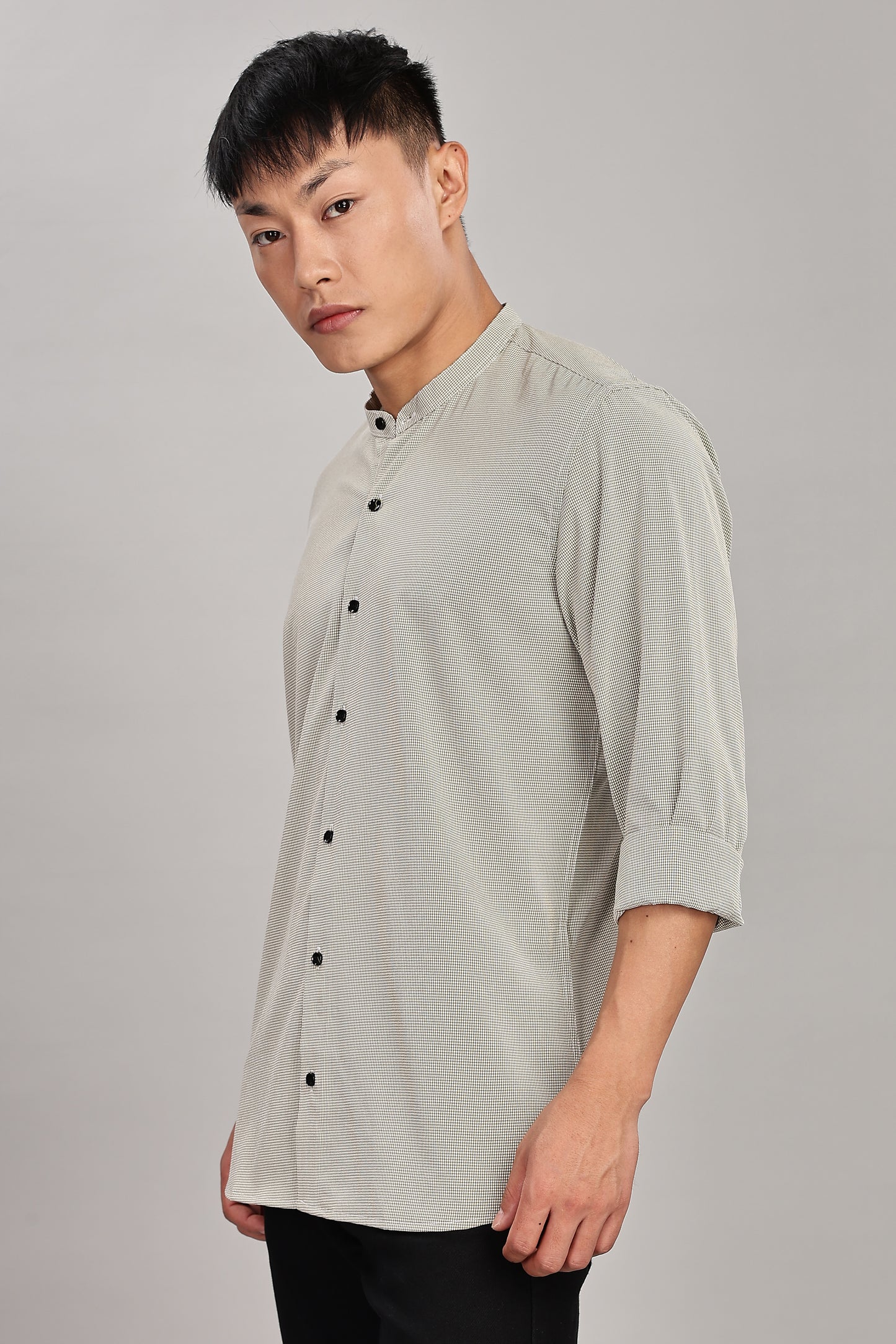 Men's Casual Mandarin Collar Shirt(OLIVE-GREEN) – Premium Cotton Blend