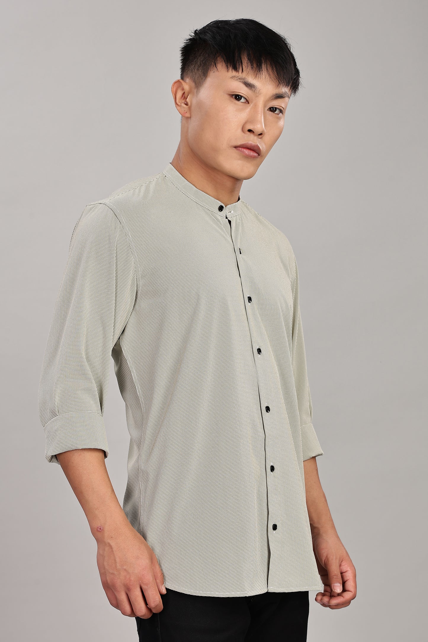 Men's Casual Mandarin Collar Shirt(OLIVE-GREEN) – Premium Cotton Blend