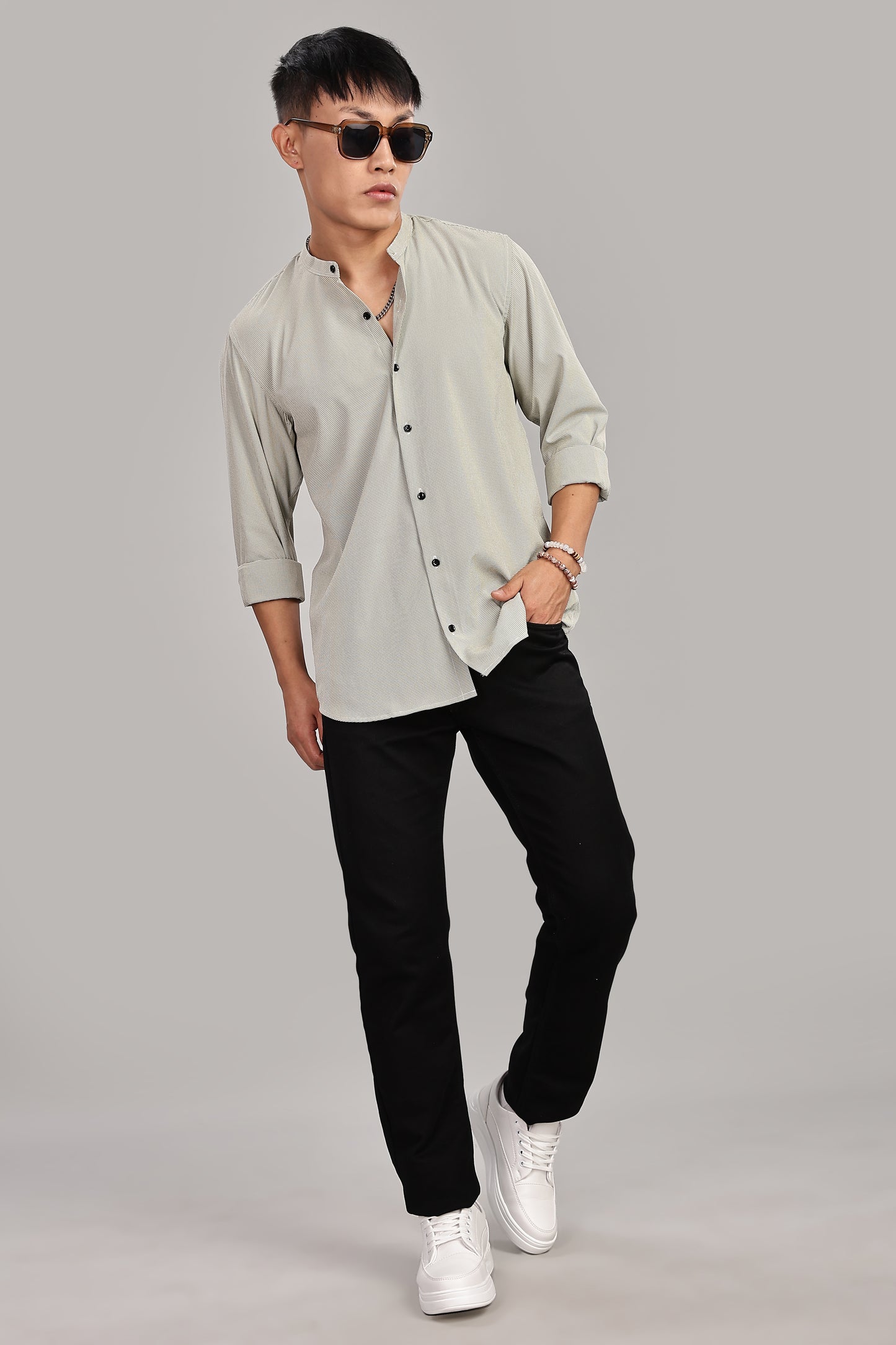 Men's Casual Mandarin Collar Shirt(OLIVE-GREEN) – Premium Cotton Blend