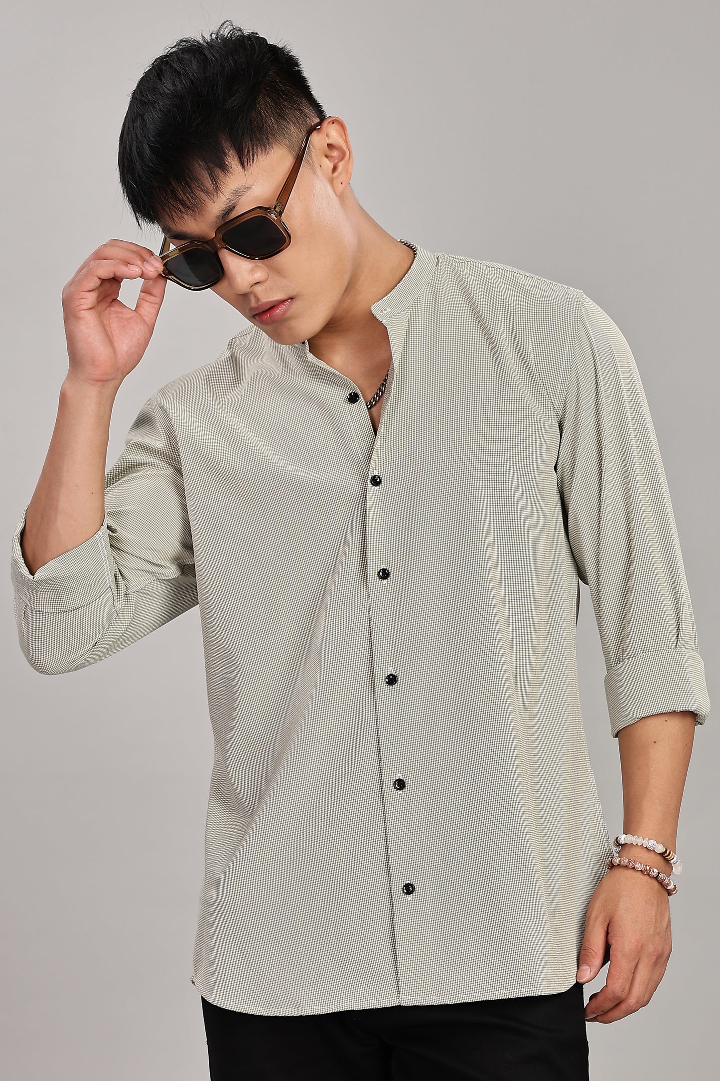 Men's Casual Mandarin Collar Shirt(OLIVE-GREEN) – Premium Cotton Blend