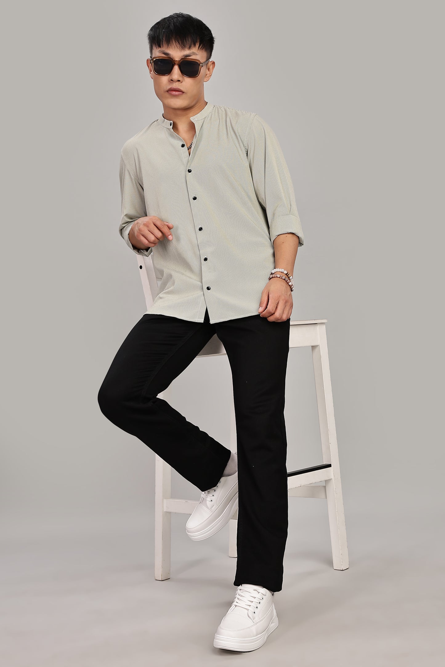 Men's Casual Mandarin Collar Shirt(OLIVE-GREEN) – Premium Cotton Blend