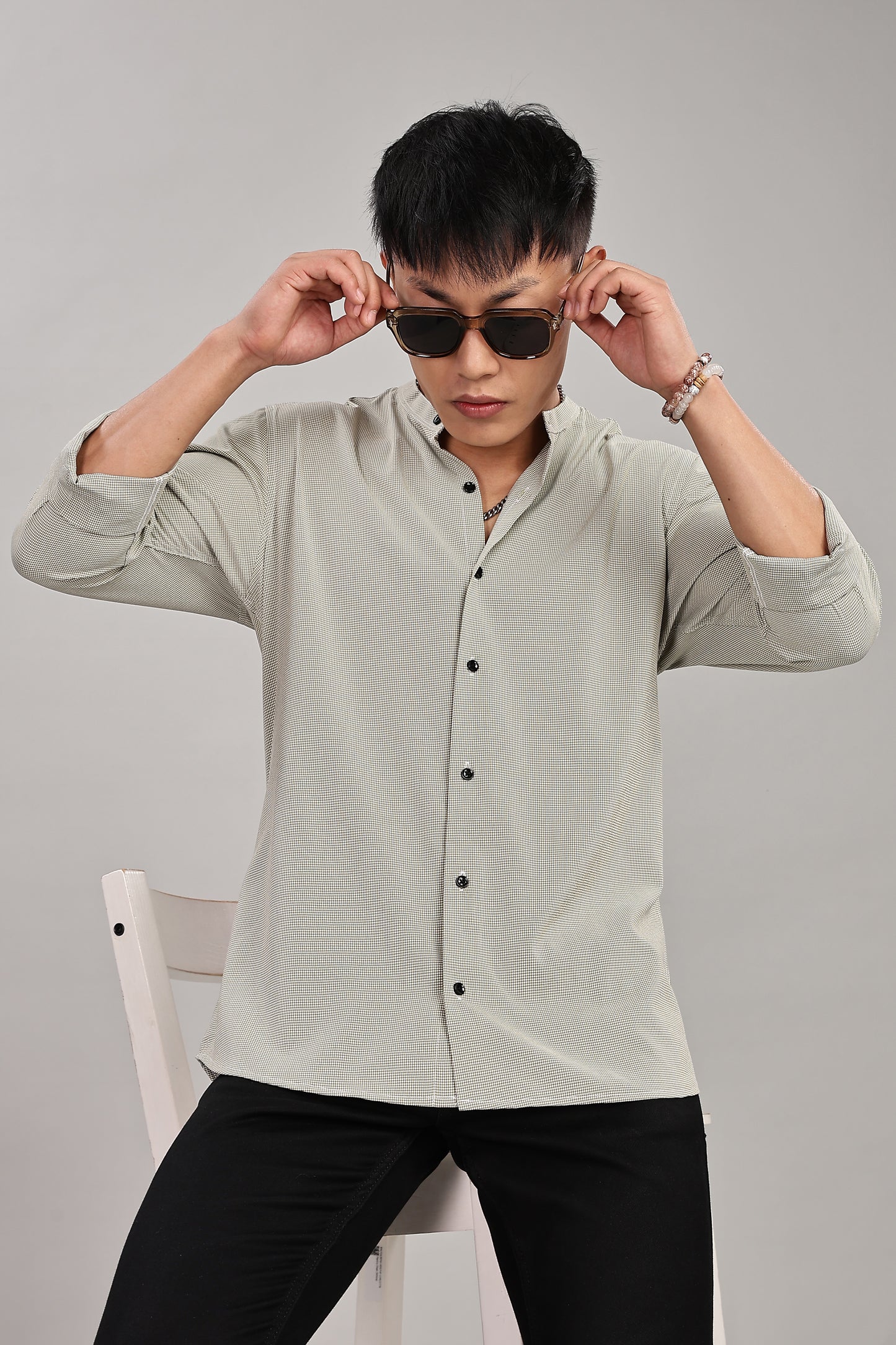 Men's Casual Mandarin Collar Shirt(OLIVE-GREEN) – Premium Cotton Blend