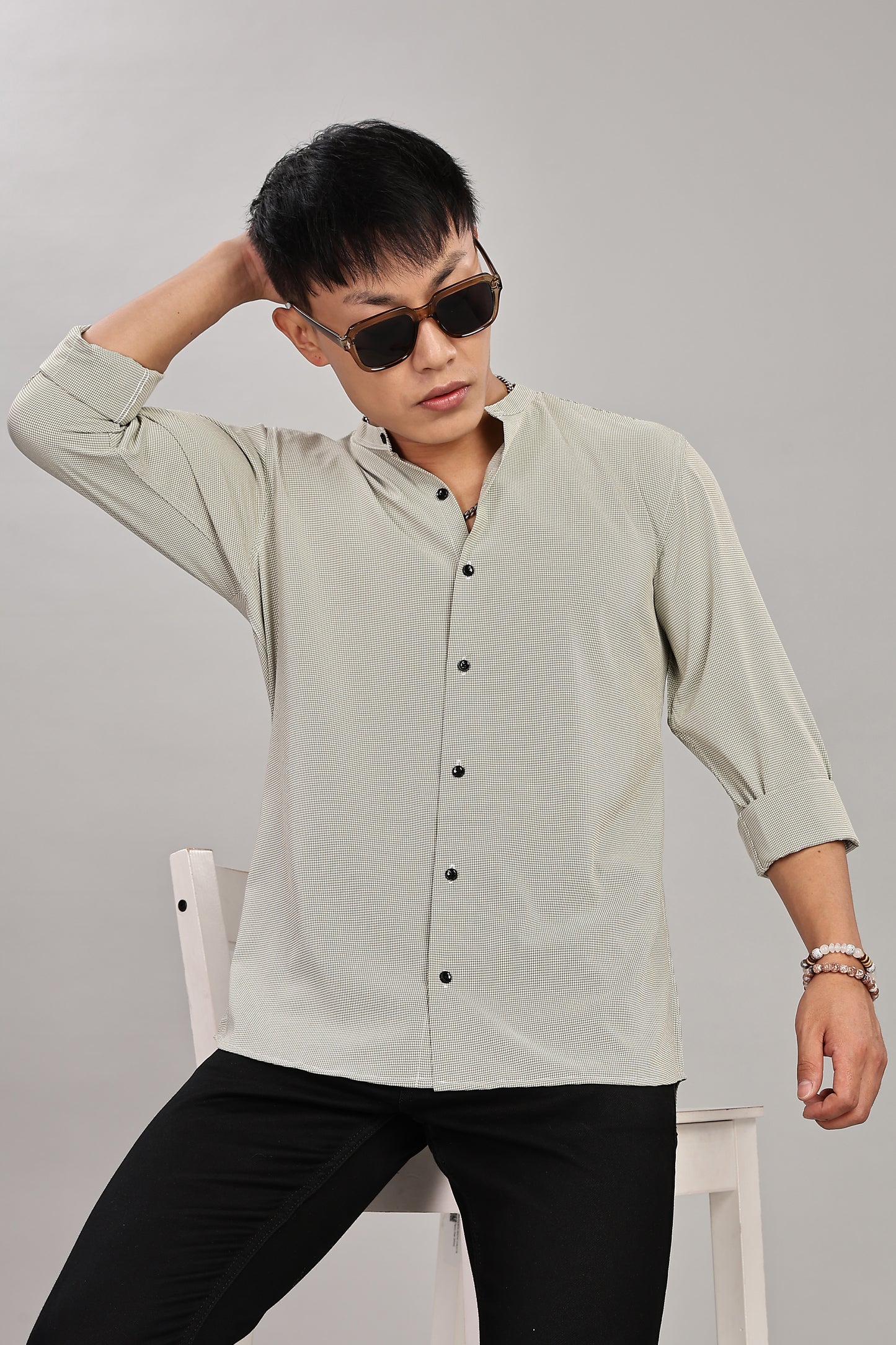 Men's Casual Mandarin Collar Shirt(OLIVE-GREEN) – Premium Cotton Blend