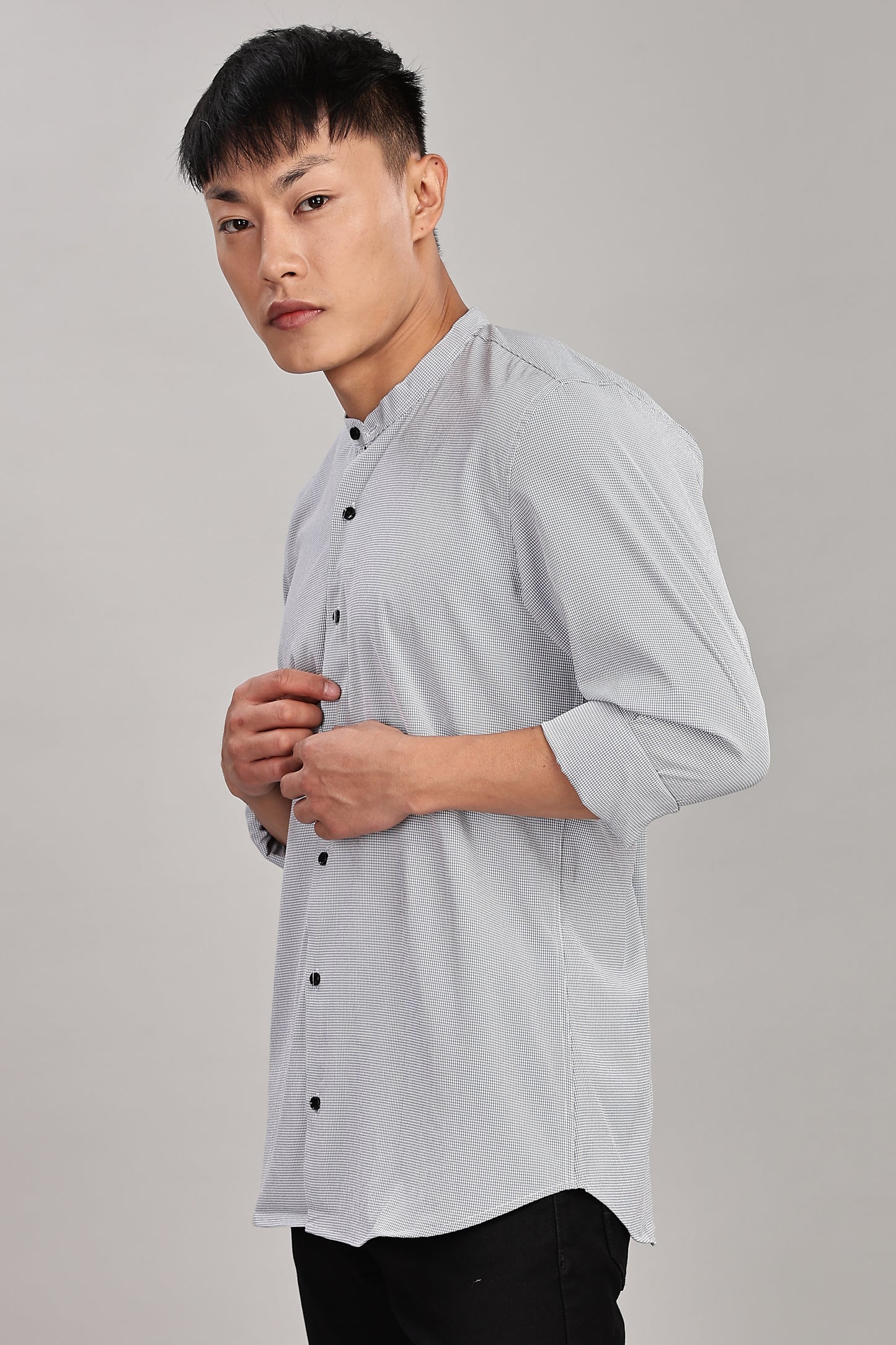 Men's Casual Mandarin Collar Shirt(Grey) – Premium Cotton Blend