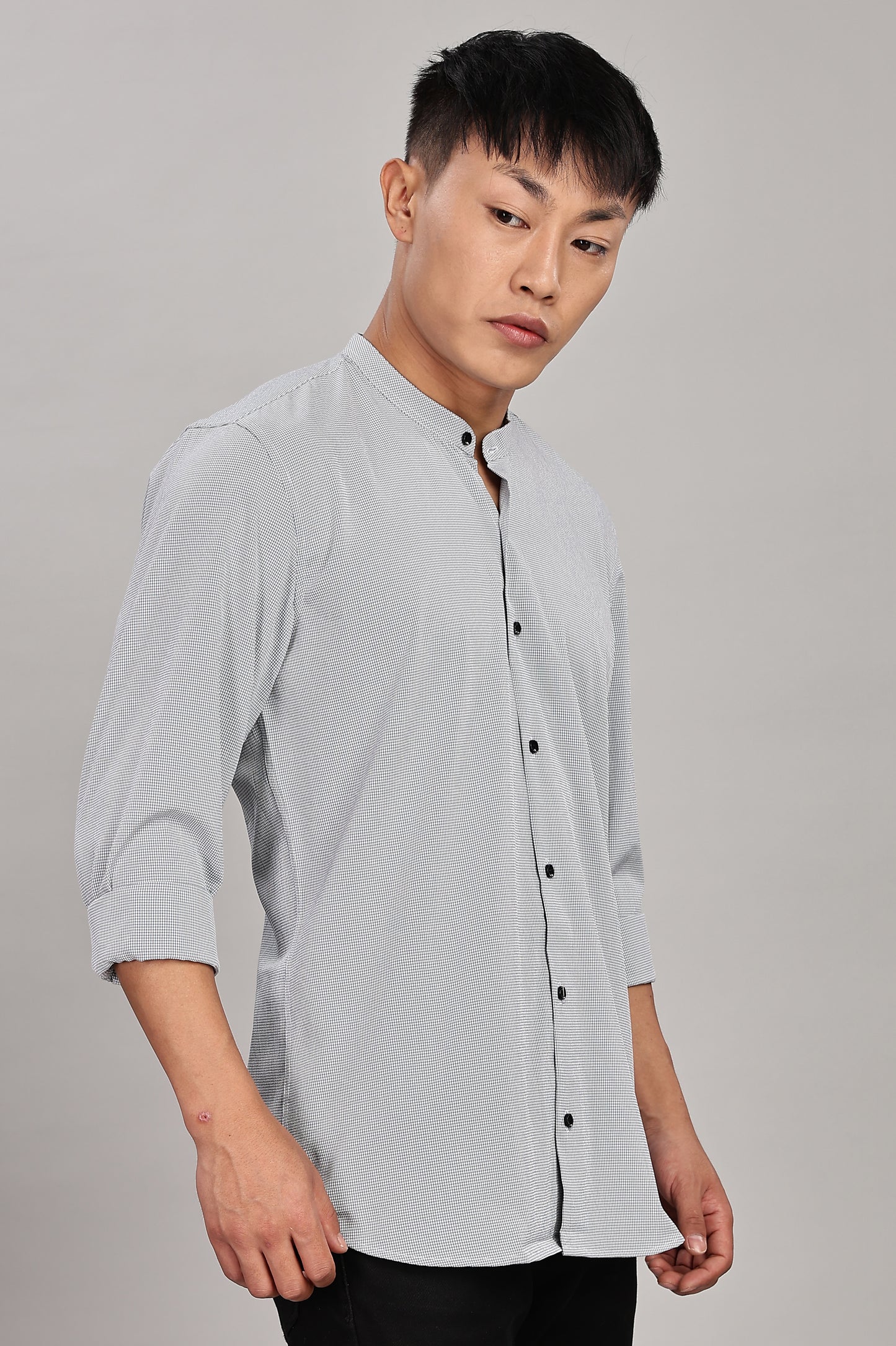 Men's Casual Mandarin Collar Shirt(Grey) – Premium Cotton Blend
