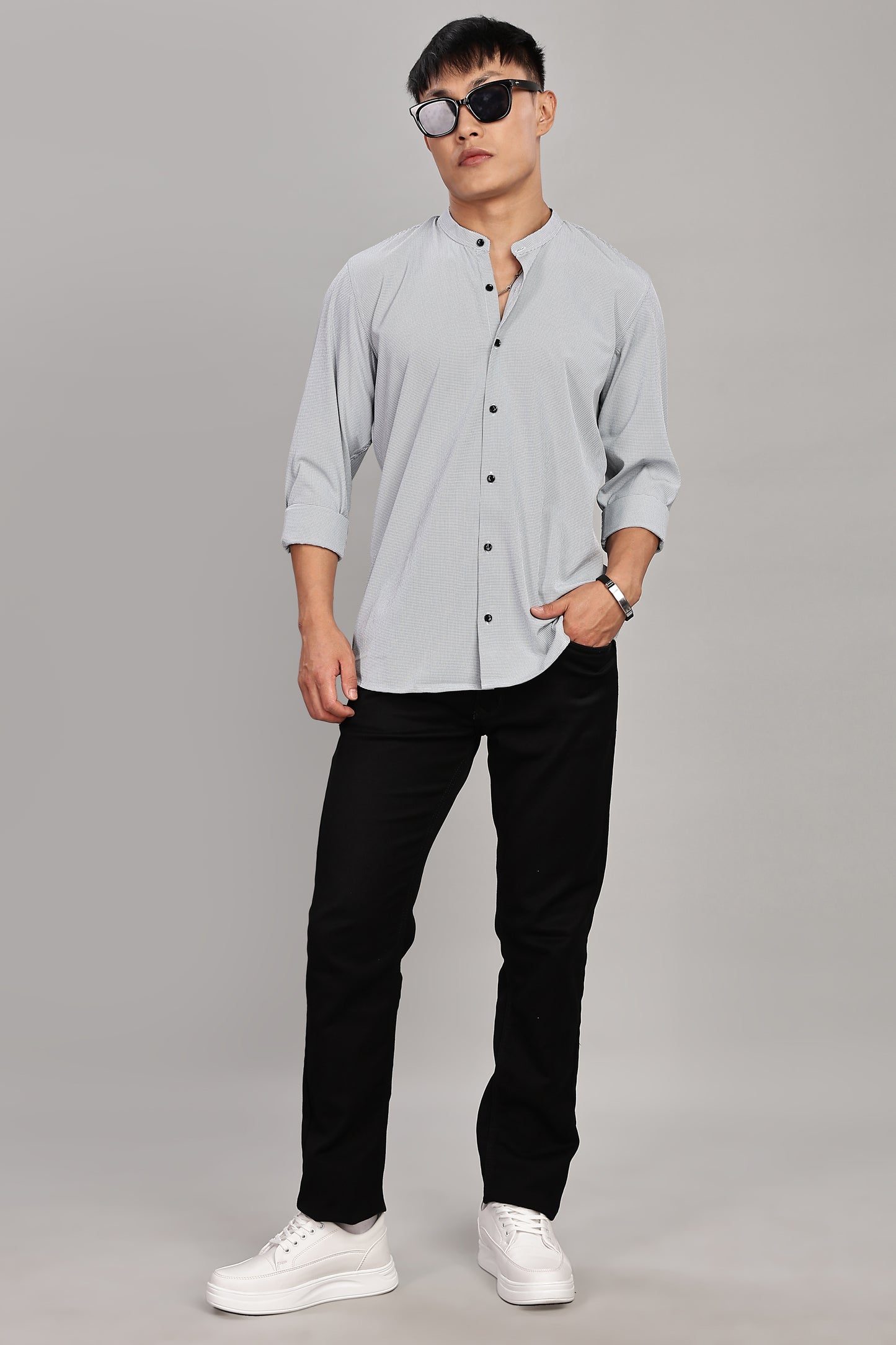 Men's Casual Mandarin Collar Shirt(Grey) – Premium Cotton Blend