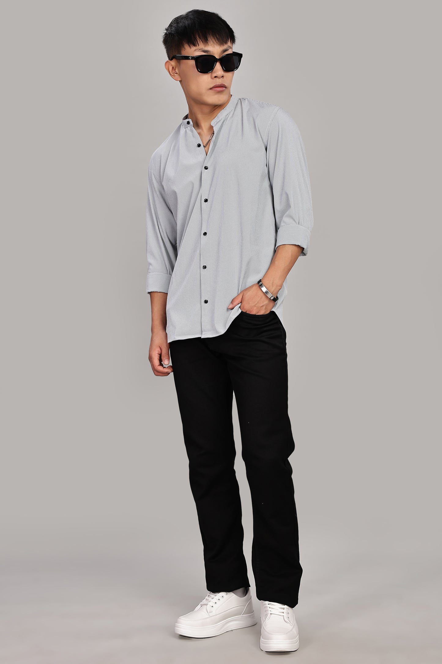 Men's Casual Mandarin Collar Shirt(Grey) – Premium Cotton Blend